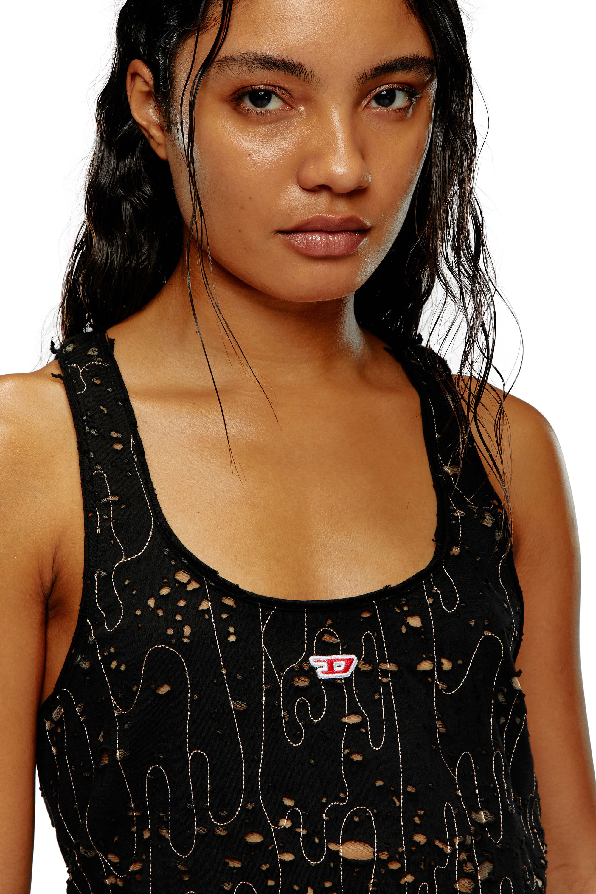 Diesel - T-BILS-DEV, Woman Tulle tank top with destroyed jersey in Black - Image 3