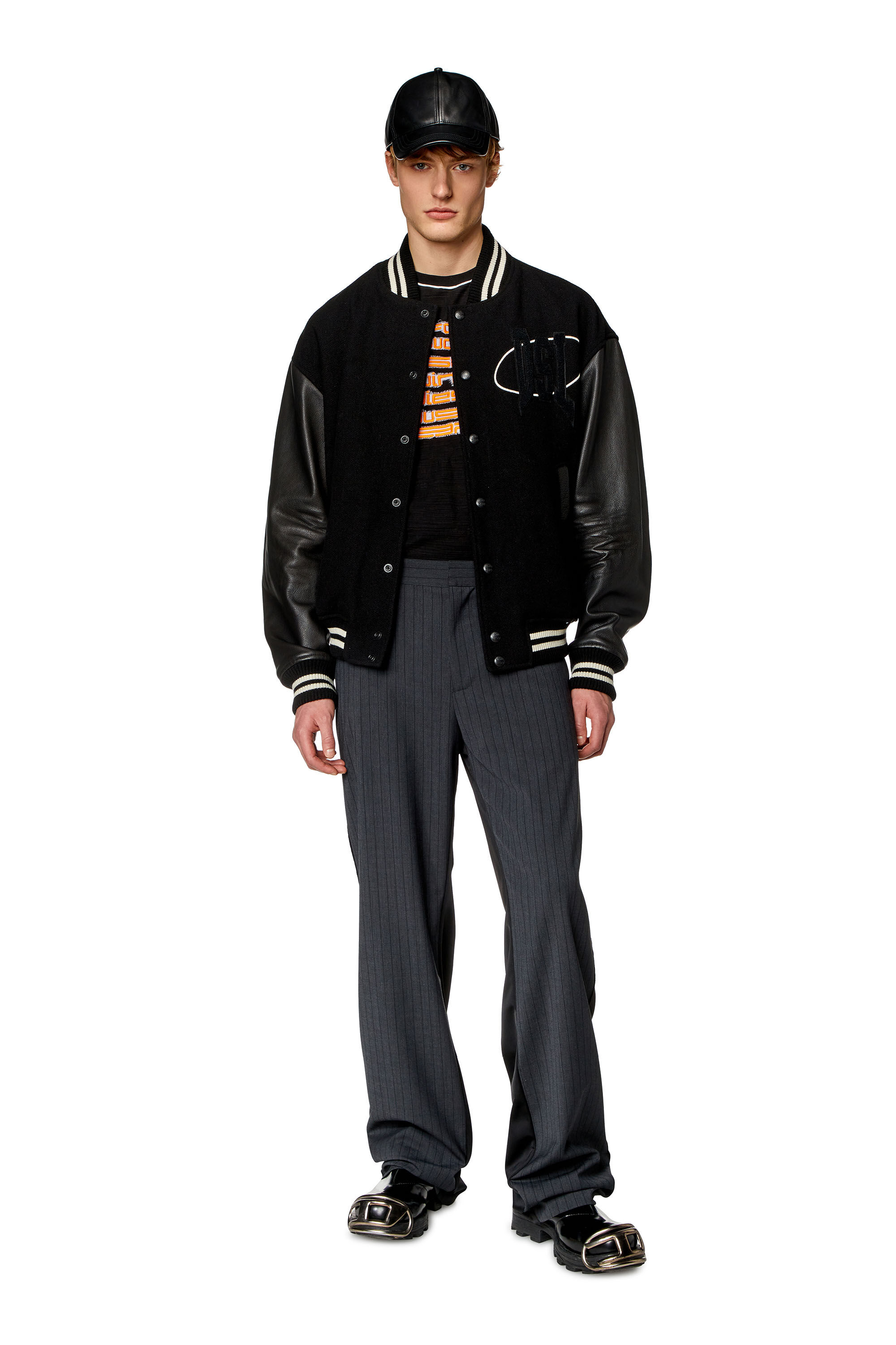 Diesel - L-FRANZ-PATCH, Man Varsity bomber jacket in wool and leather in Black - Image 1