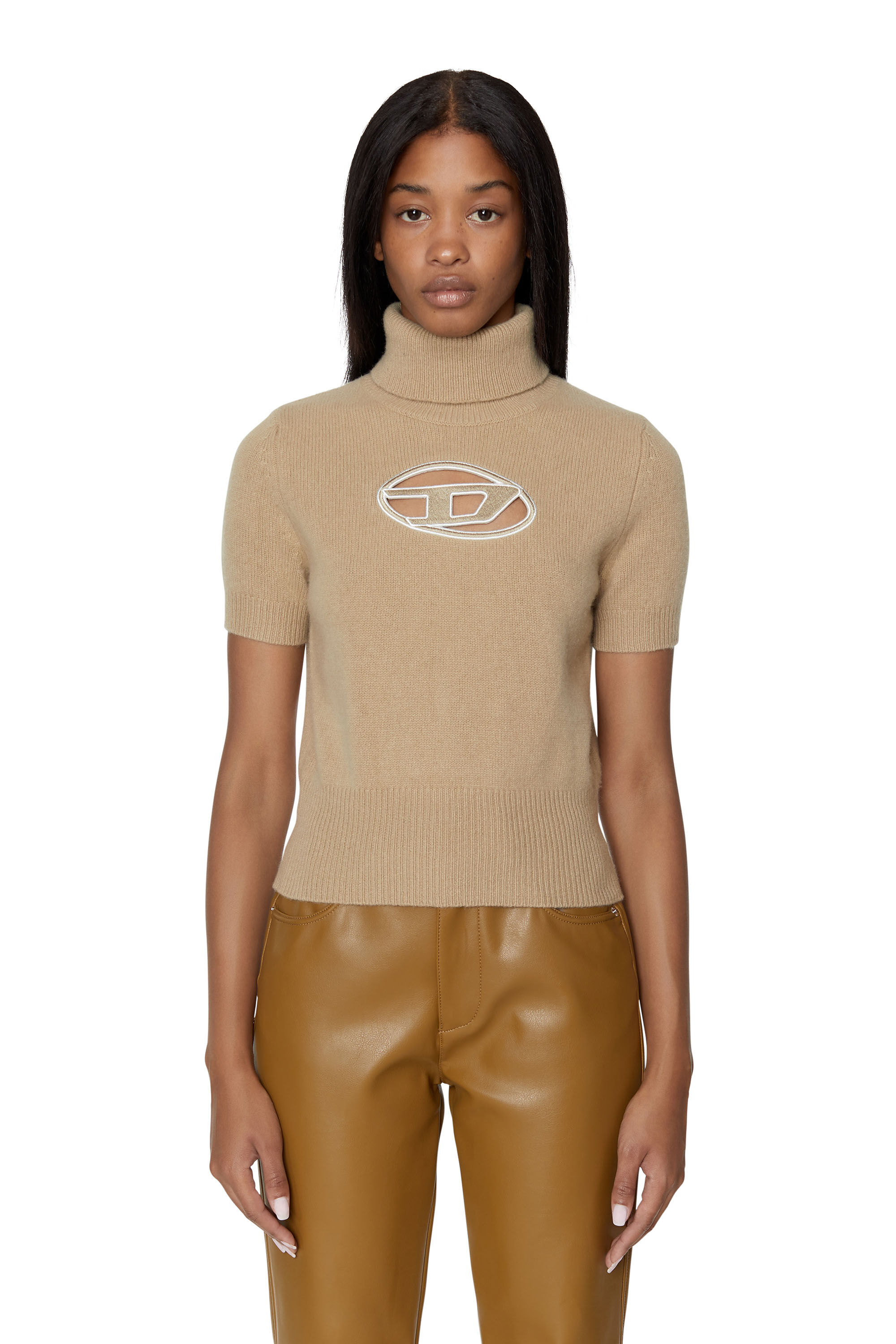 Diesel - M-ARGARET, Woman Short-sleeve jumper with cut-out logo in Beige - Image 3