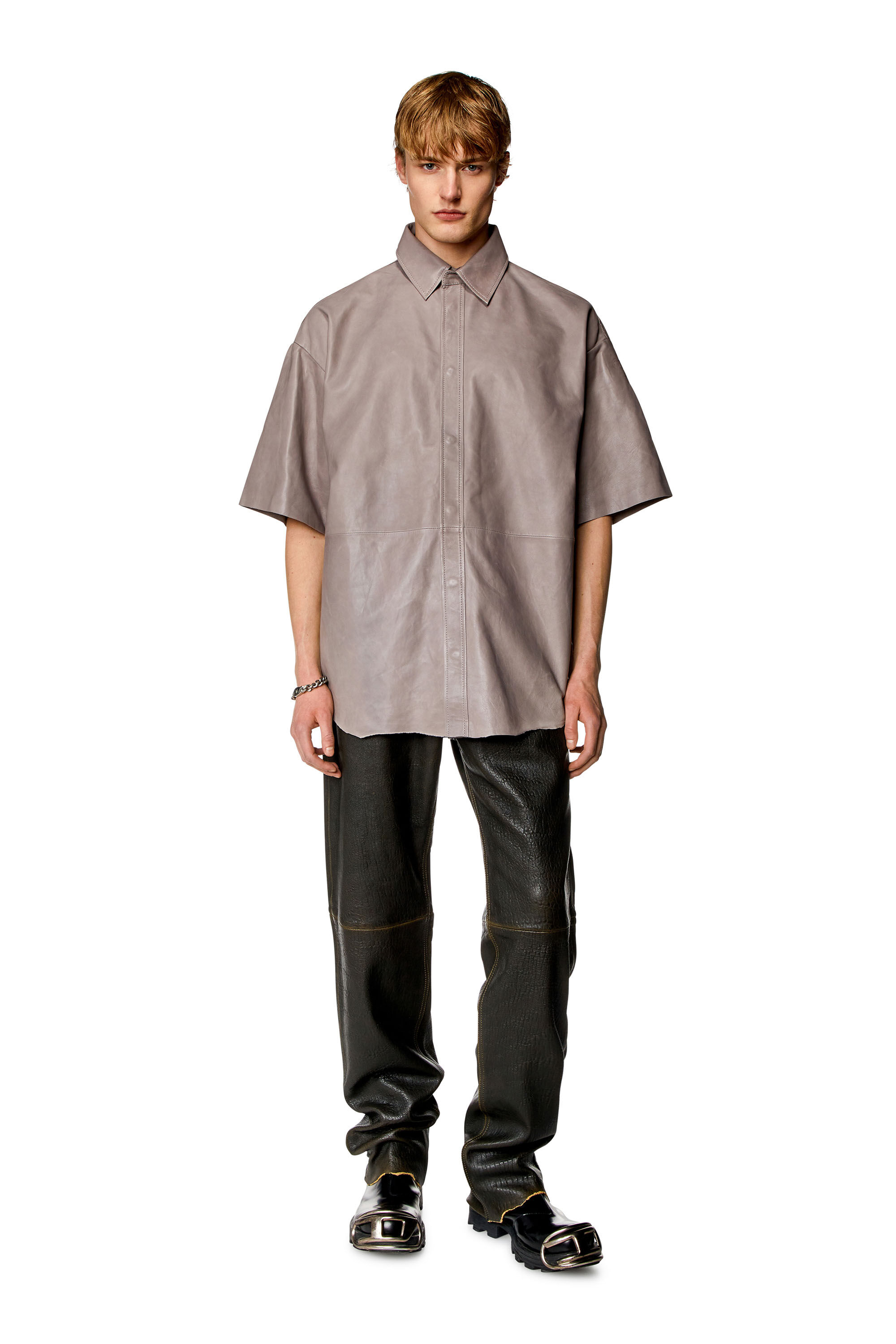 Diesel - S-EMIN-LTH, Man Oversized shirt in treated leather in Grey - Image 1