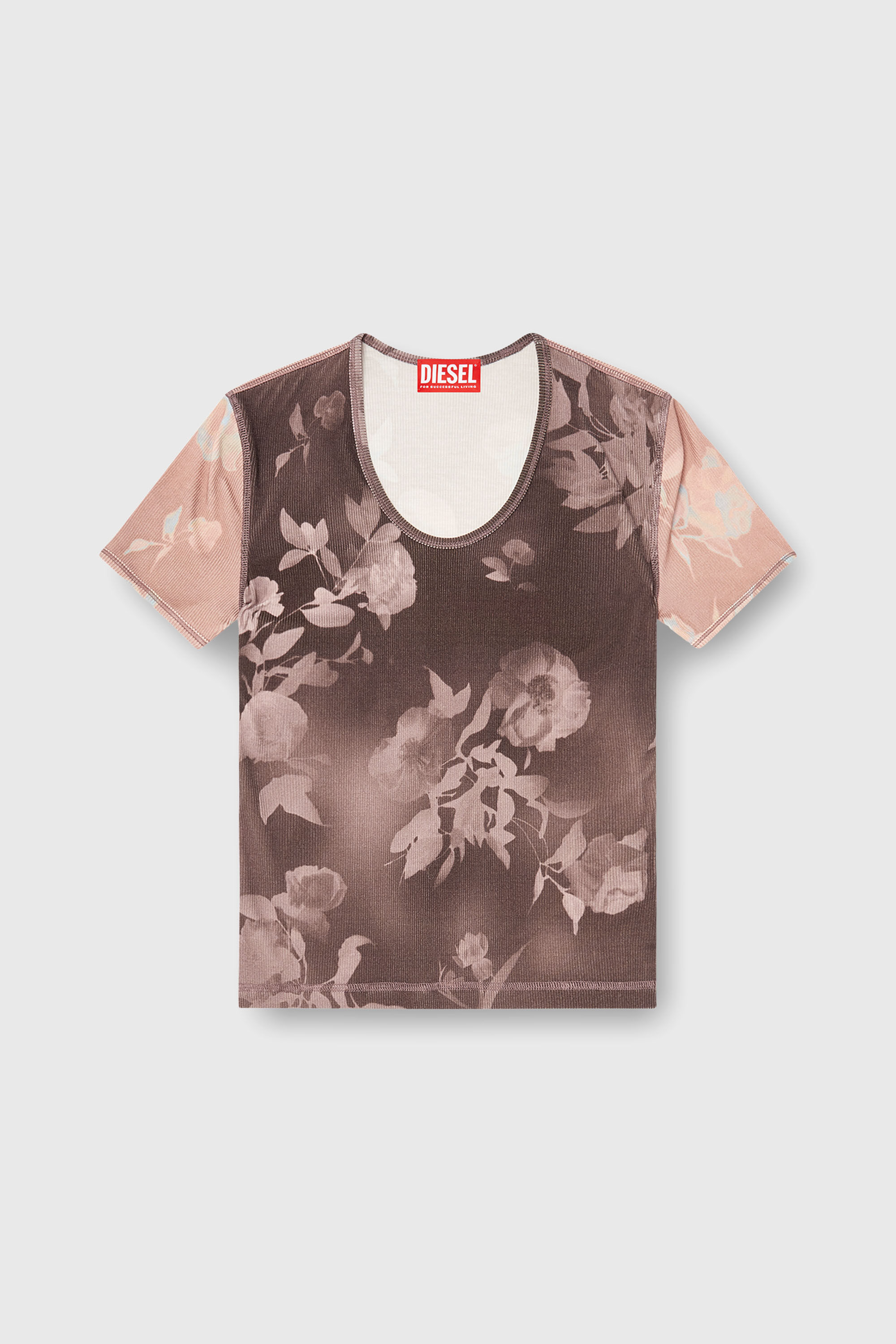 Diesel - T-ELENEWU, Woman's Top in floral-print ribbed jersey in Brown/Pink - 2