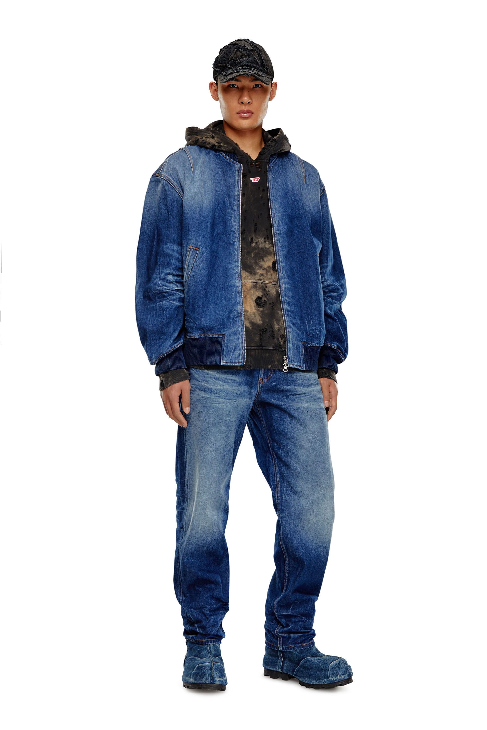 Diesel - D-VINZ-S, Man Bomber jacket in dented denim in Blue - Image 1