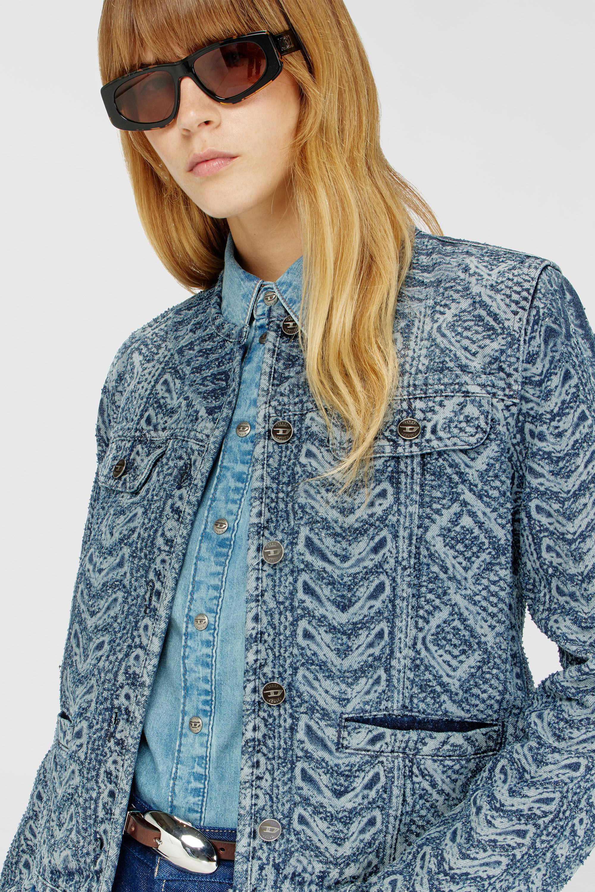Diesel - DE-GRAFY-S2, Woman's Collarless jacket in cable-knit-effect denim in Medium blue - 5