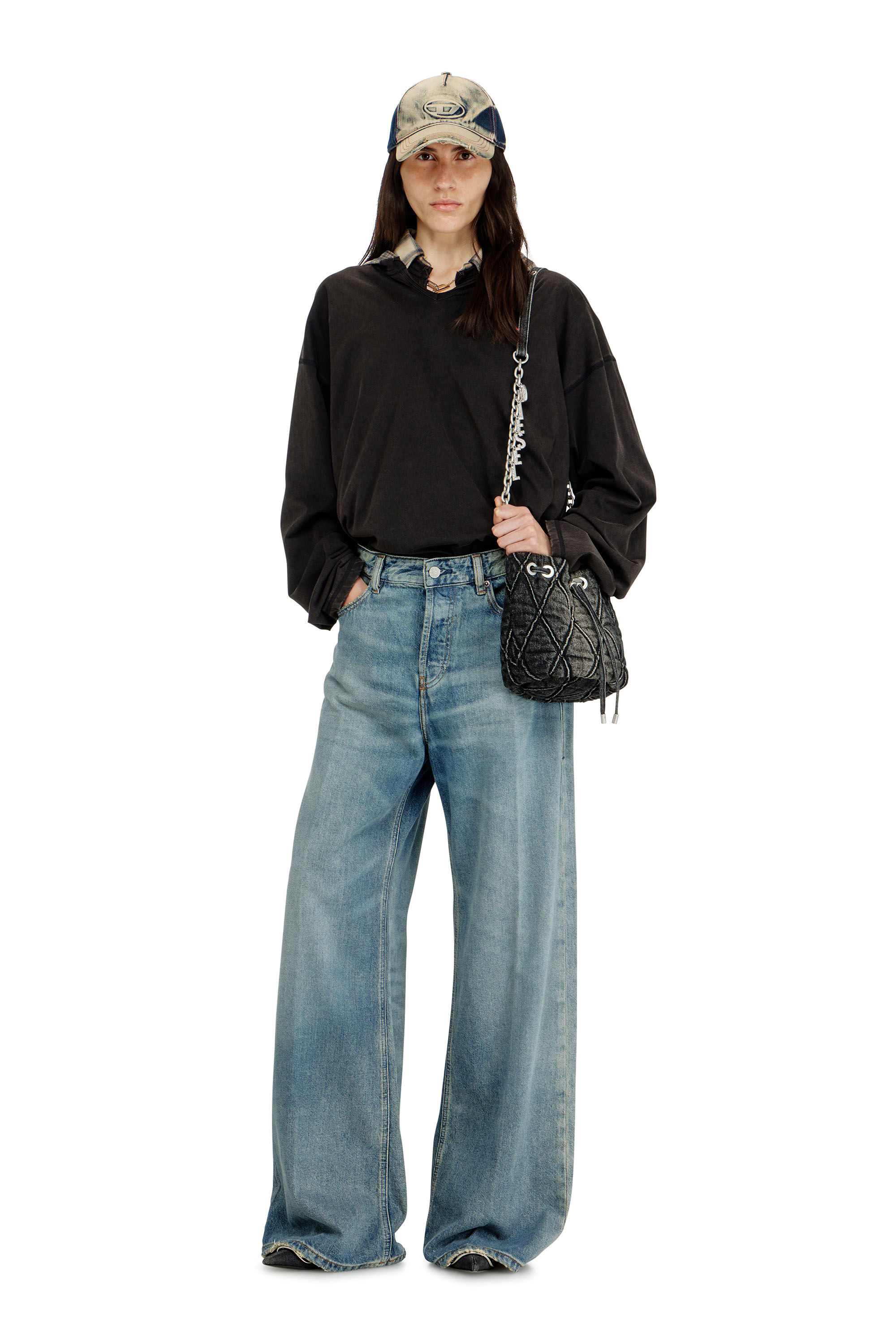 Diesel - CHARM-D BUCKET S, Woman's Charm-D S-Mini bucket bag in treated quilted denim in Black - 1