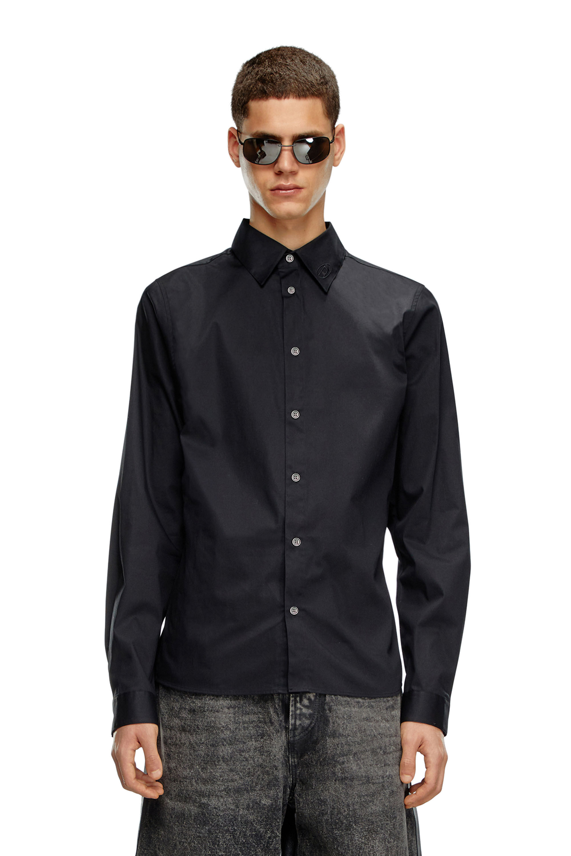 Diesel - S-FITTY-A, Man Formal shirt with logo-embroidered collar in Black - Image 3