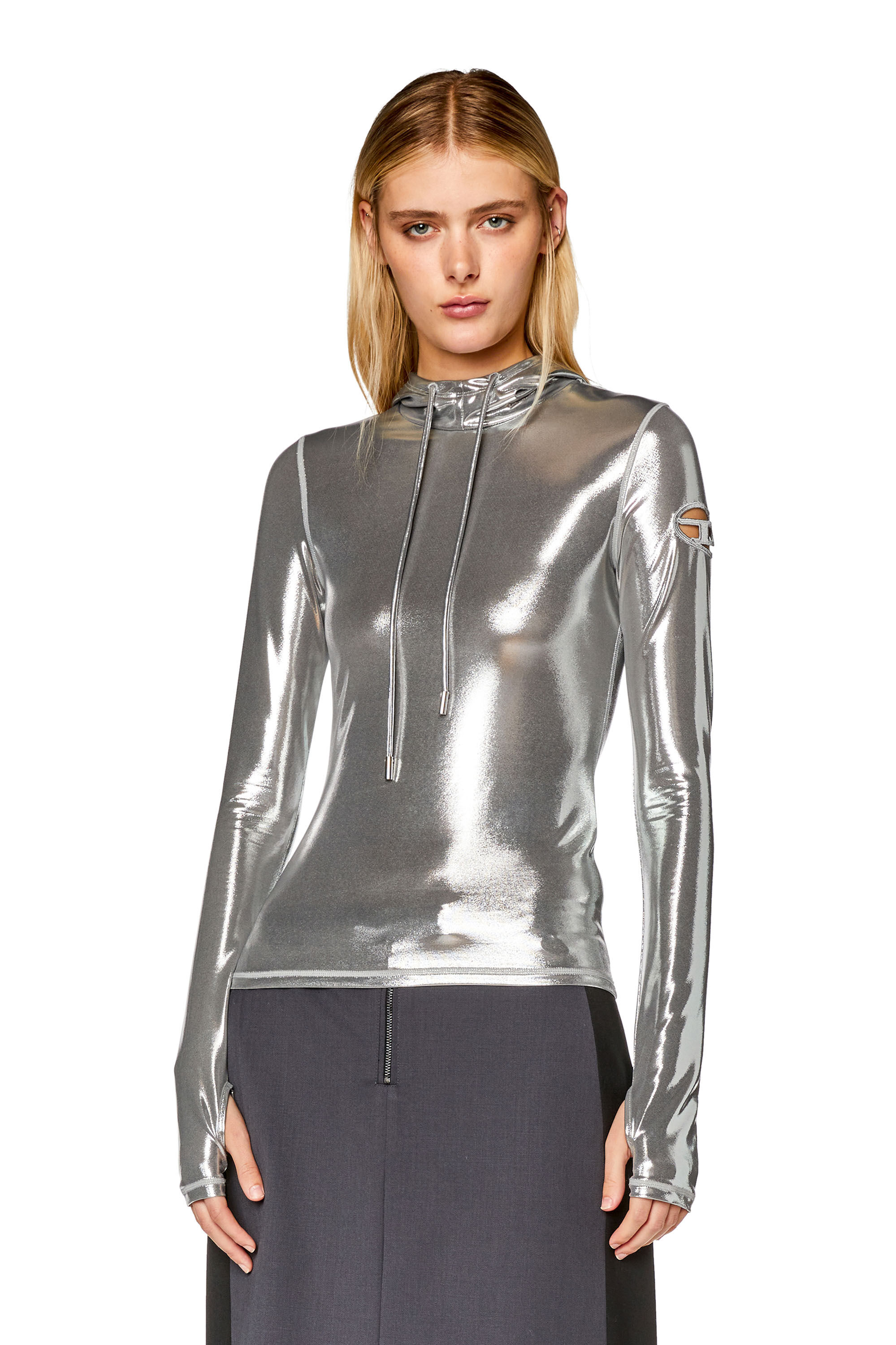 Diesel - T-METAL-L1, Woman Hoodie with shiny foil coating in Silver - Image 3