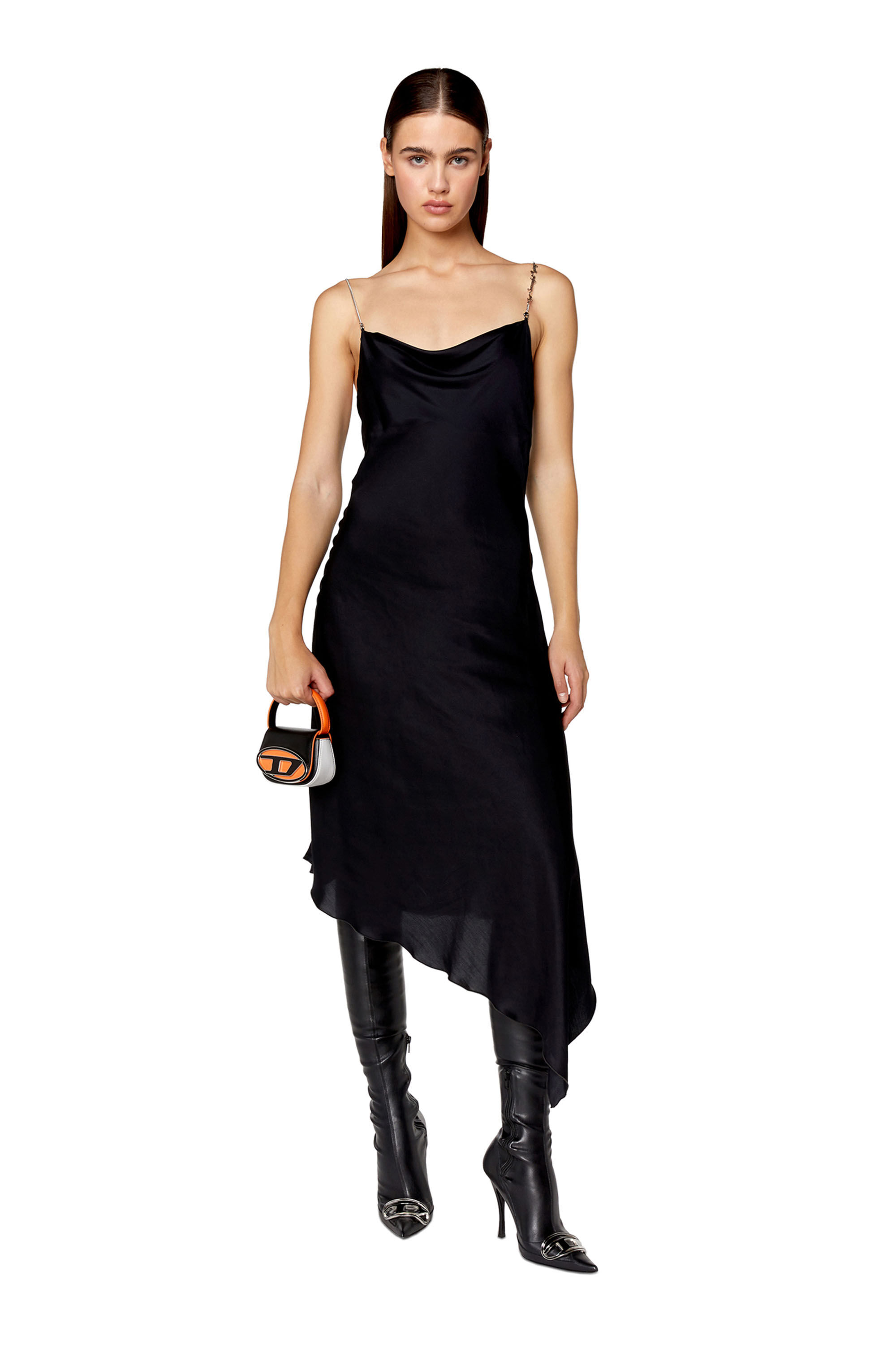 Diesel - D-MINT, Woman Satin slip dress with chain straps in Black - Image 1