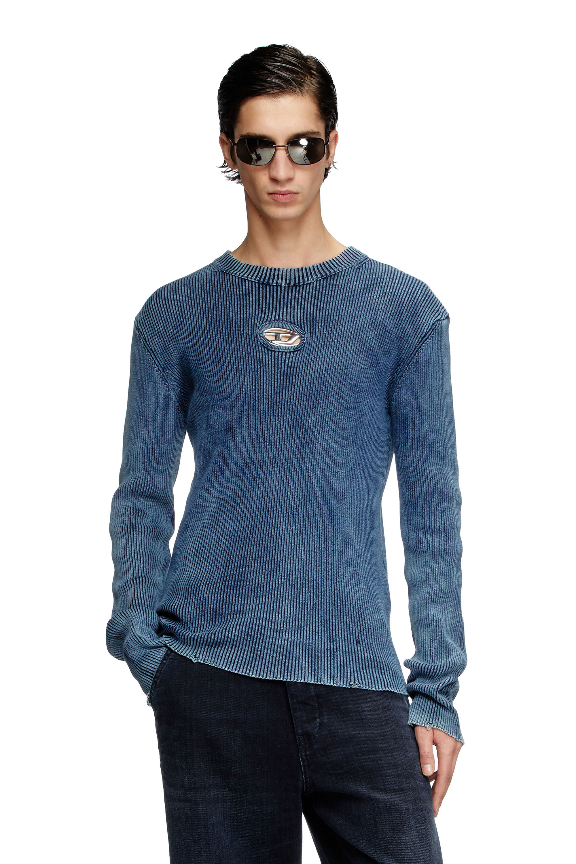 Diesel - K-DARIN-D, Man's Distressed jumper with cut-out logo in Blue - 3