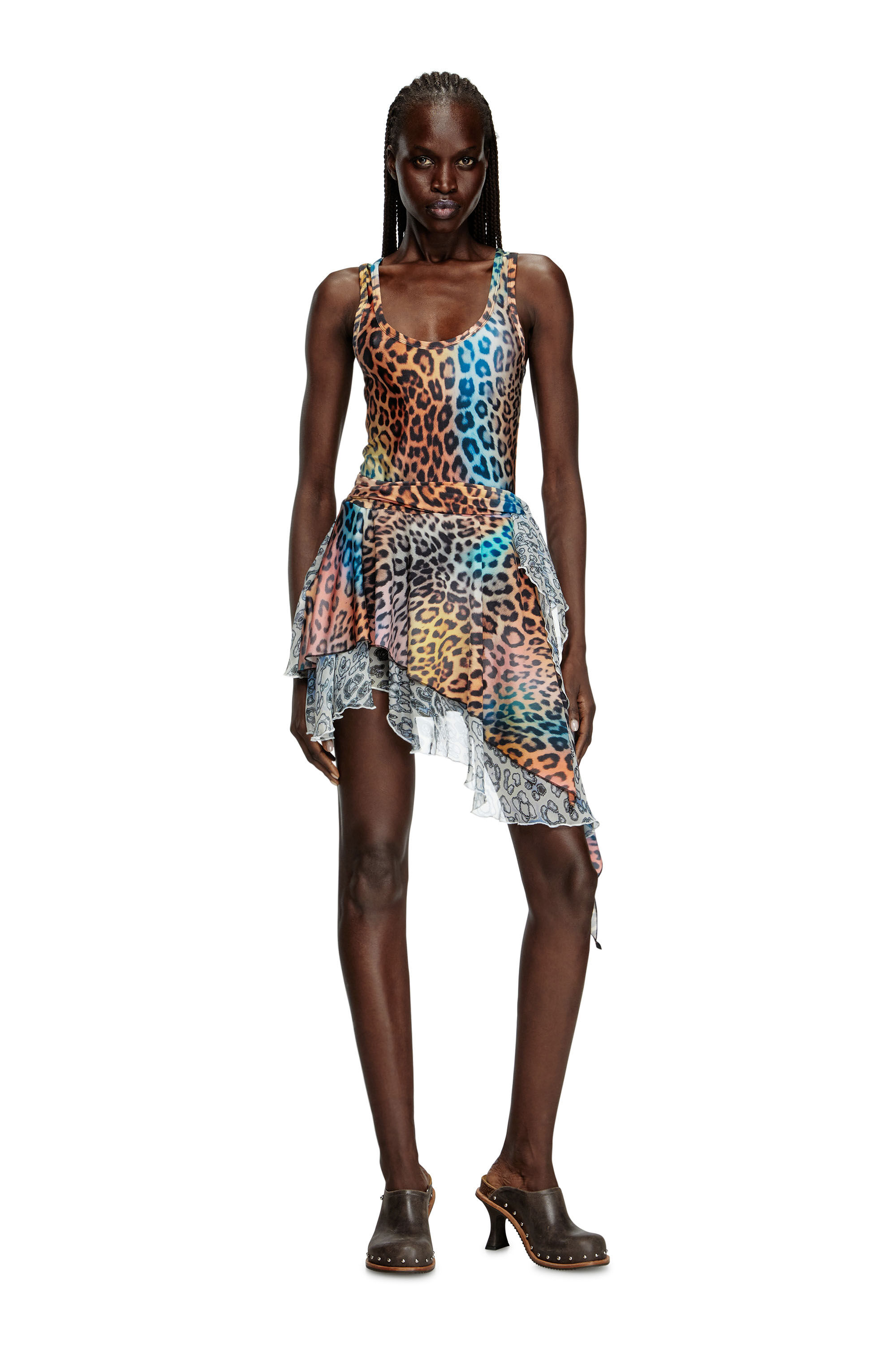 DIESEL>>ディーゼル D-Opera-Q1 ショート アシンメトリー ドレス Women's Short asymmetric dress with leopard print | Brown