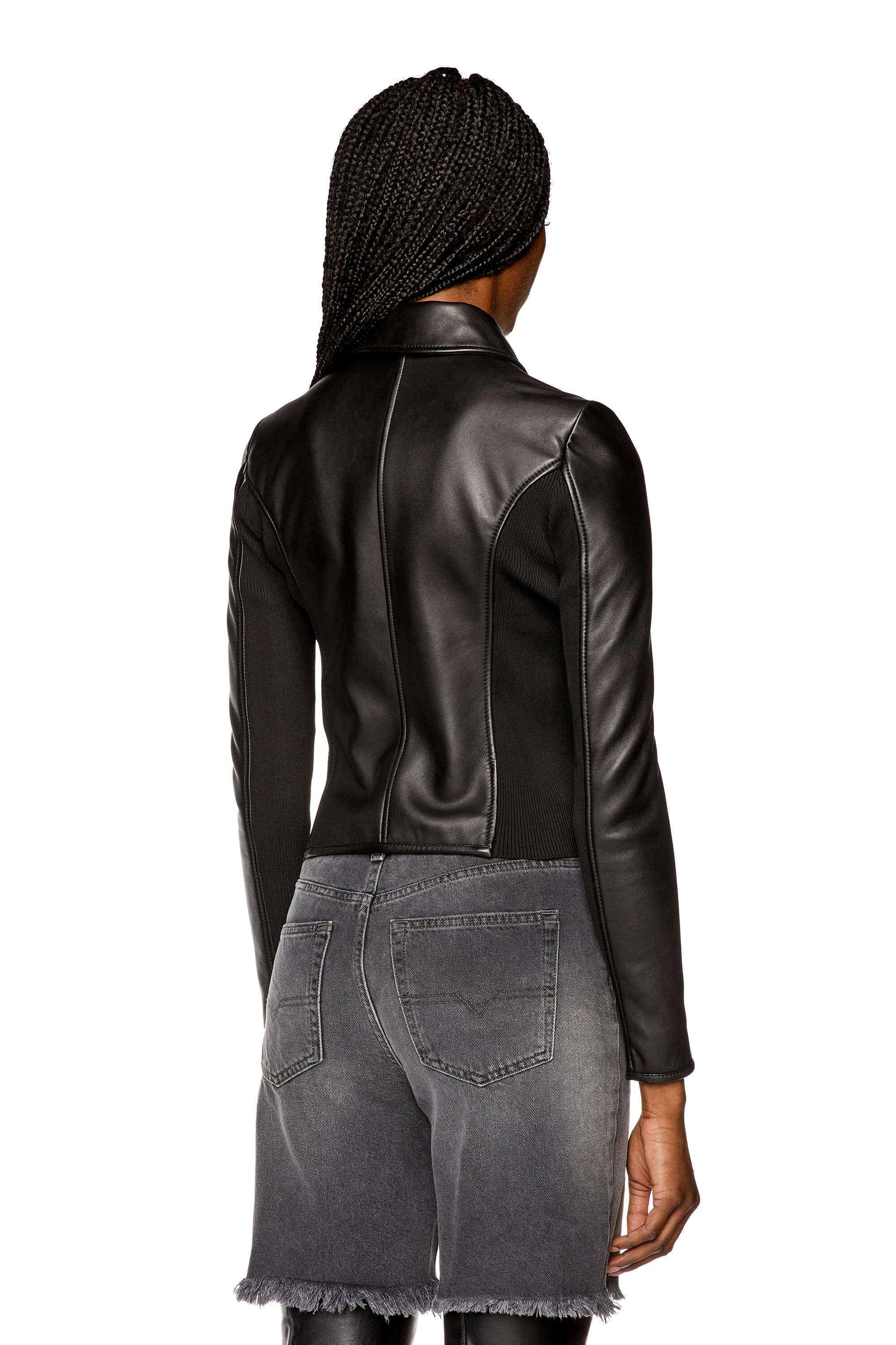 Diesel - L-SASK, Woman Leather biker jacket with rib panels in Black - Image 4