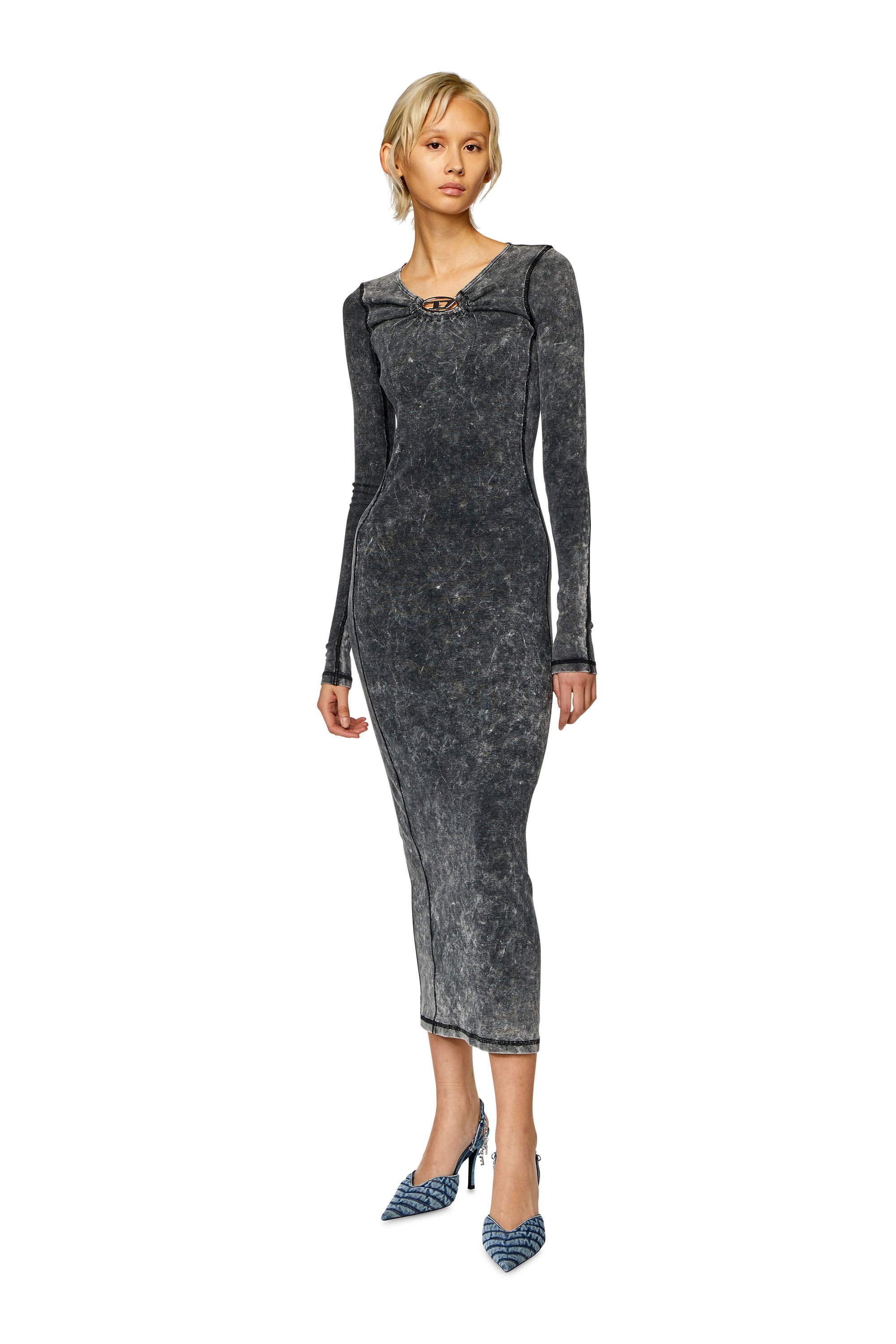 Diesel - D-CRITIC, Woman Ribbed midi dress with oval D plaque in Grey - Image 1