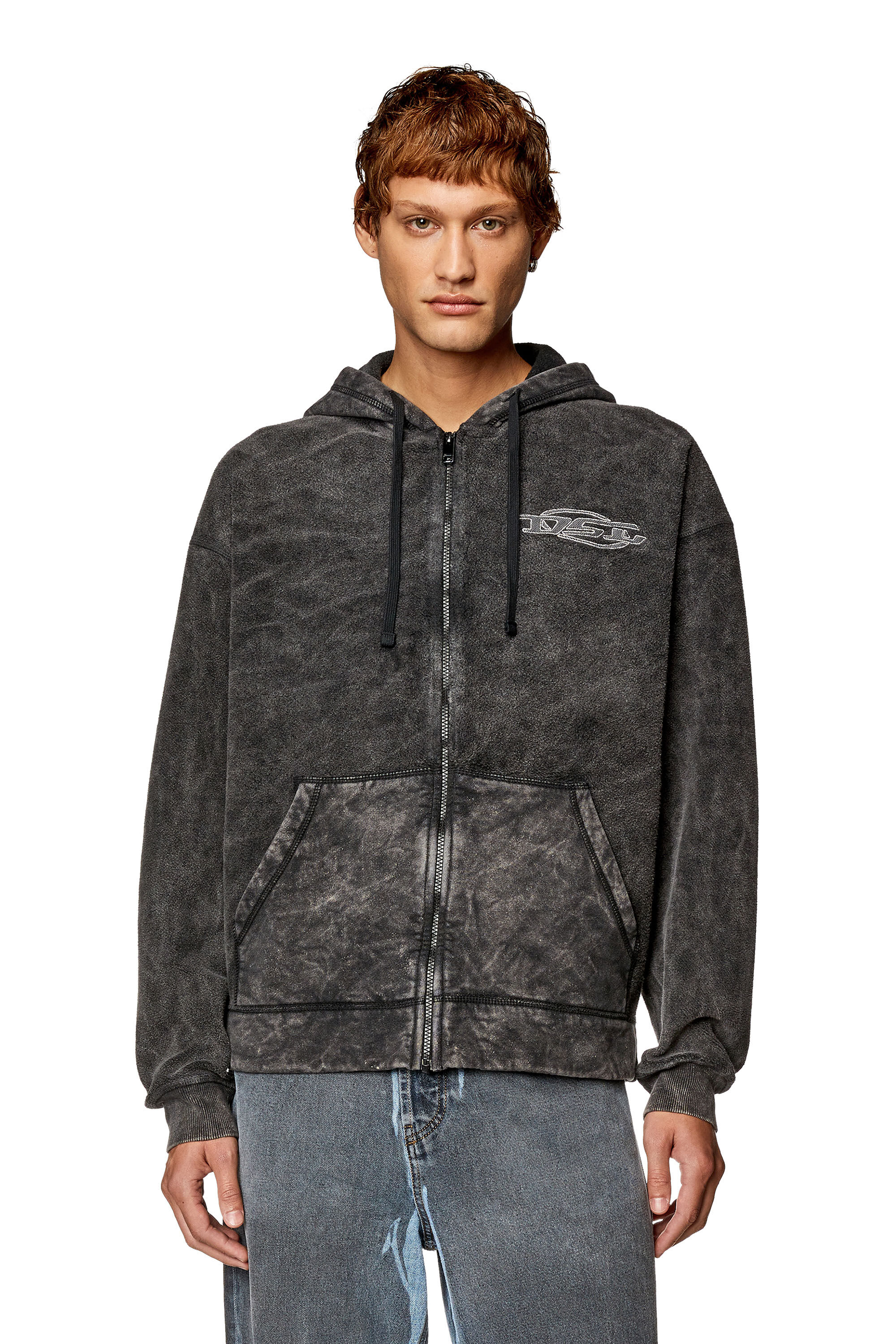 Diesel - S-ORS-HOOD-ZIP, Man Zip hoodie in marble-washed looped fleece in Black - Image 1