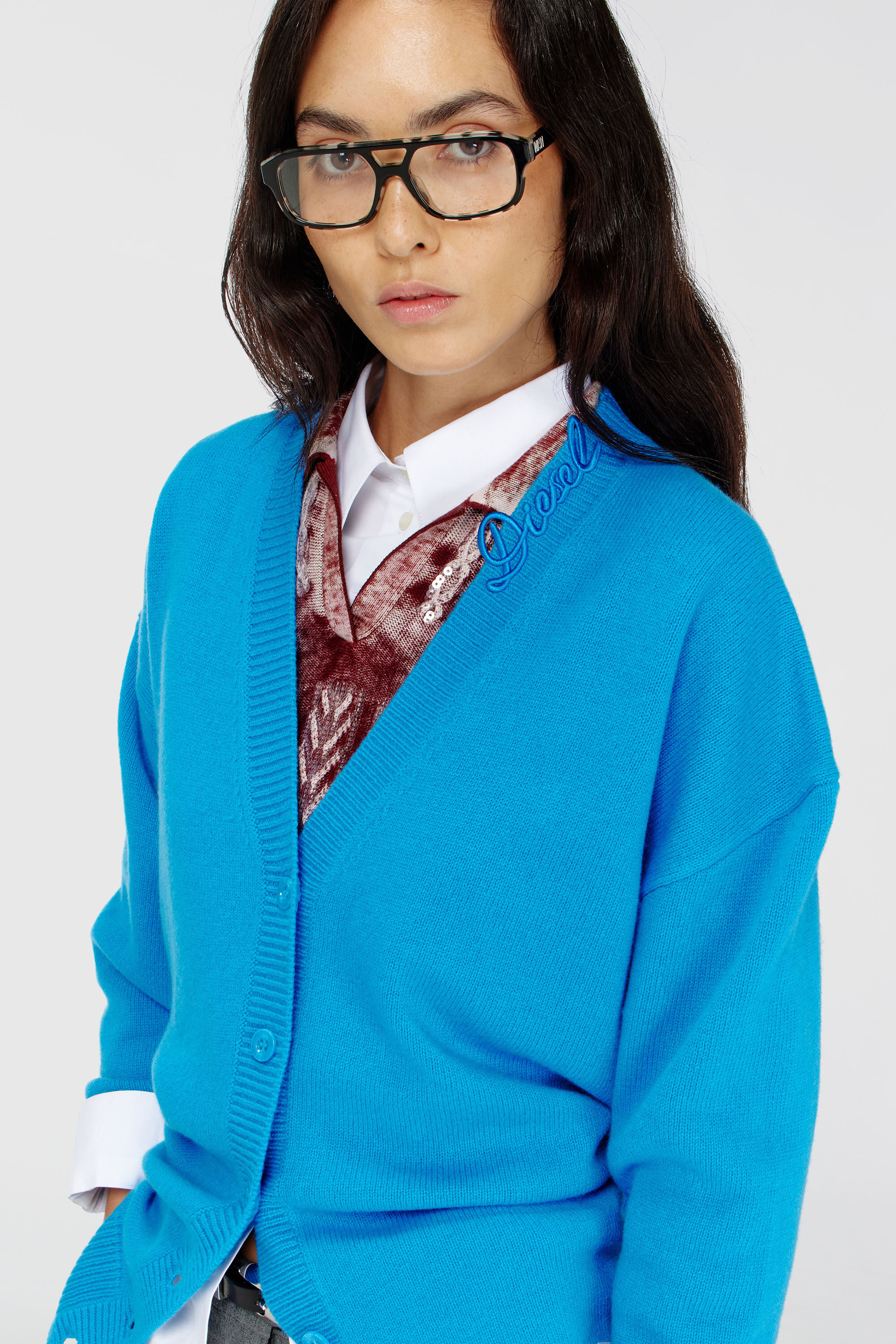 Diesel - M-IMIRA, Woman's Wool V-neck cardigan with neck logo in Azure - 4