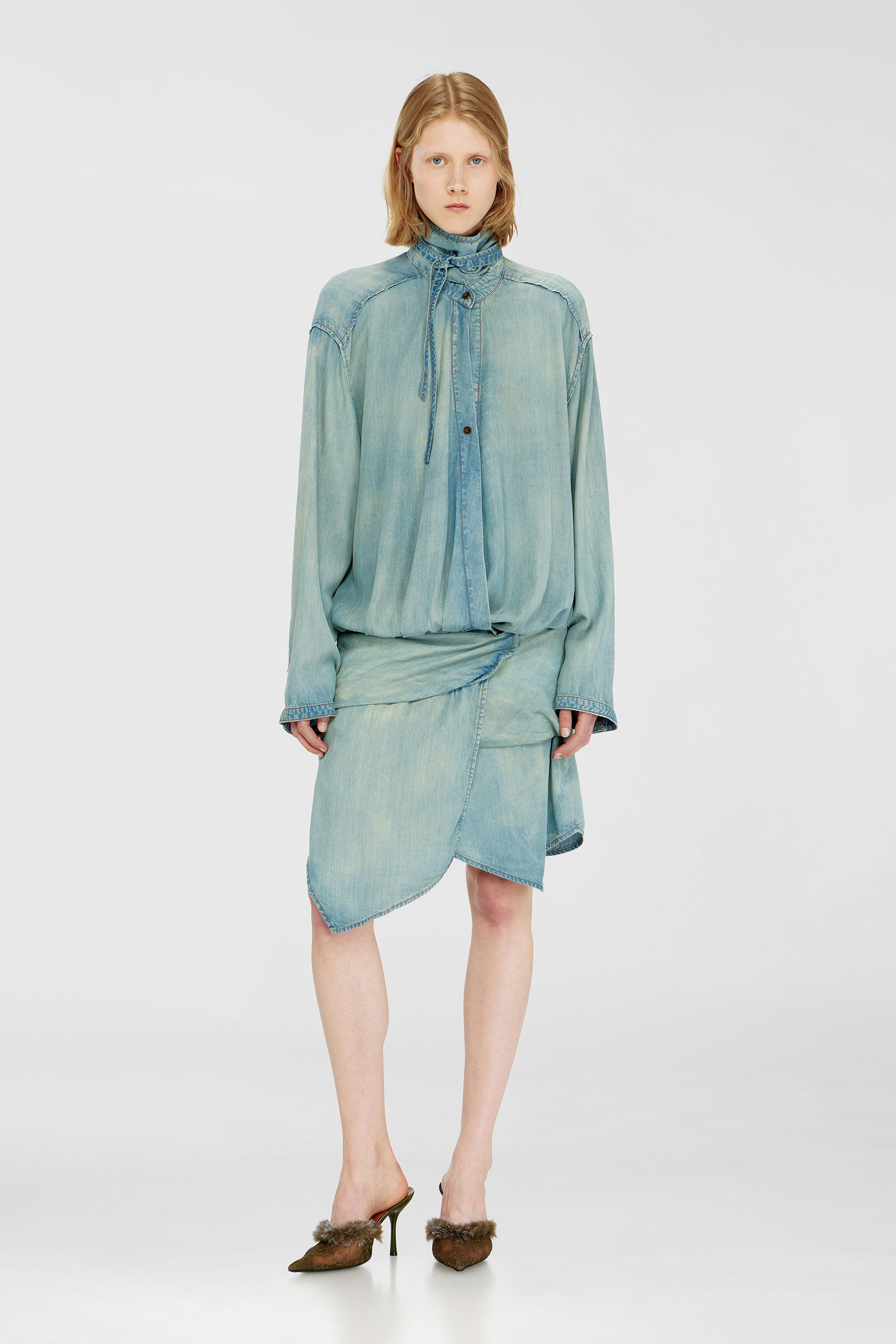 Diesel - DE-TILORA-S, Woman's Oversized draped denim shirt dress in Light Blue - 3