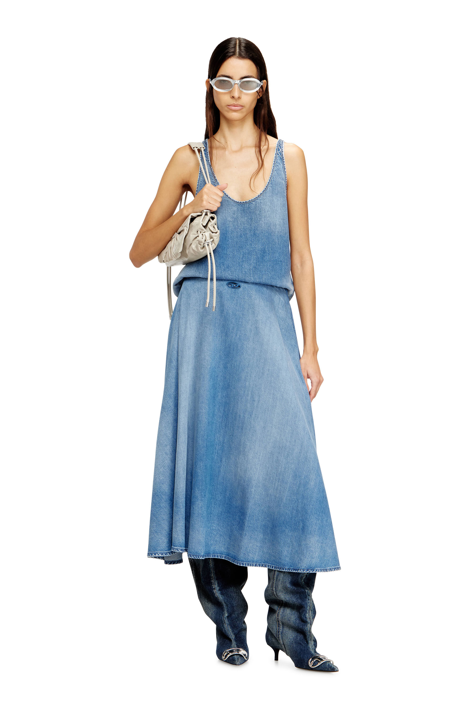 Diesel - DE-ANNIE-S3, Woman's Full skirt in fluid denim in Medium blue - 1