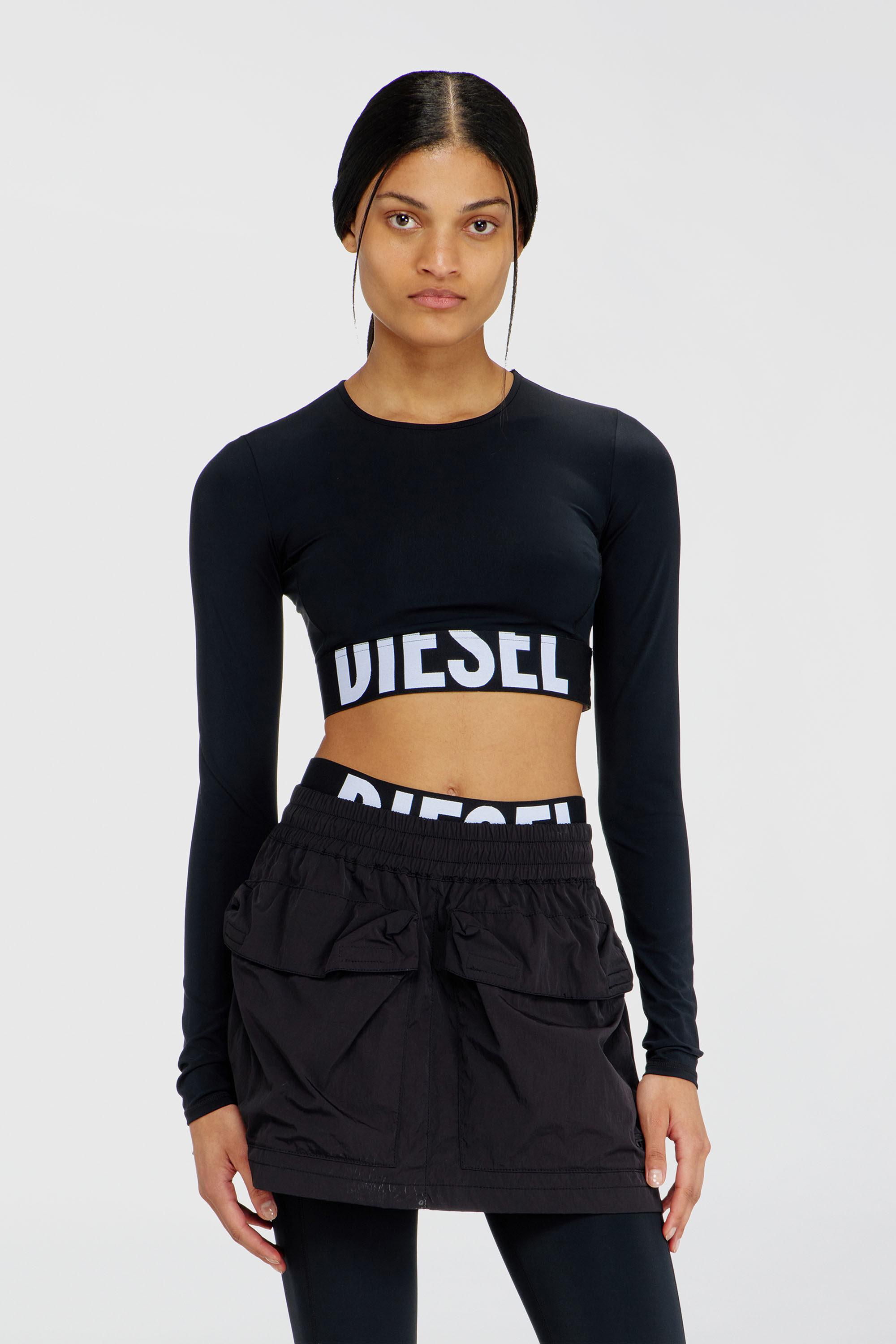 Diesel - MELISSA-D-POP, Woman's Microfibre crop top with cut-off logo in Black - 5