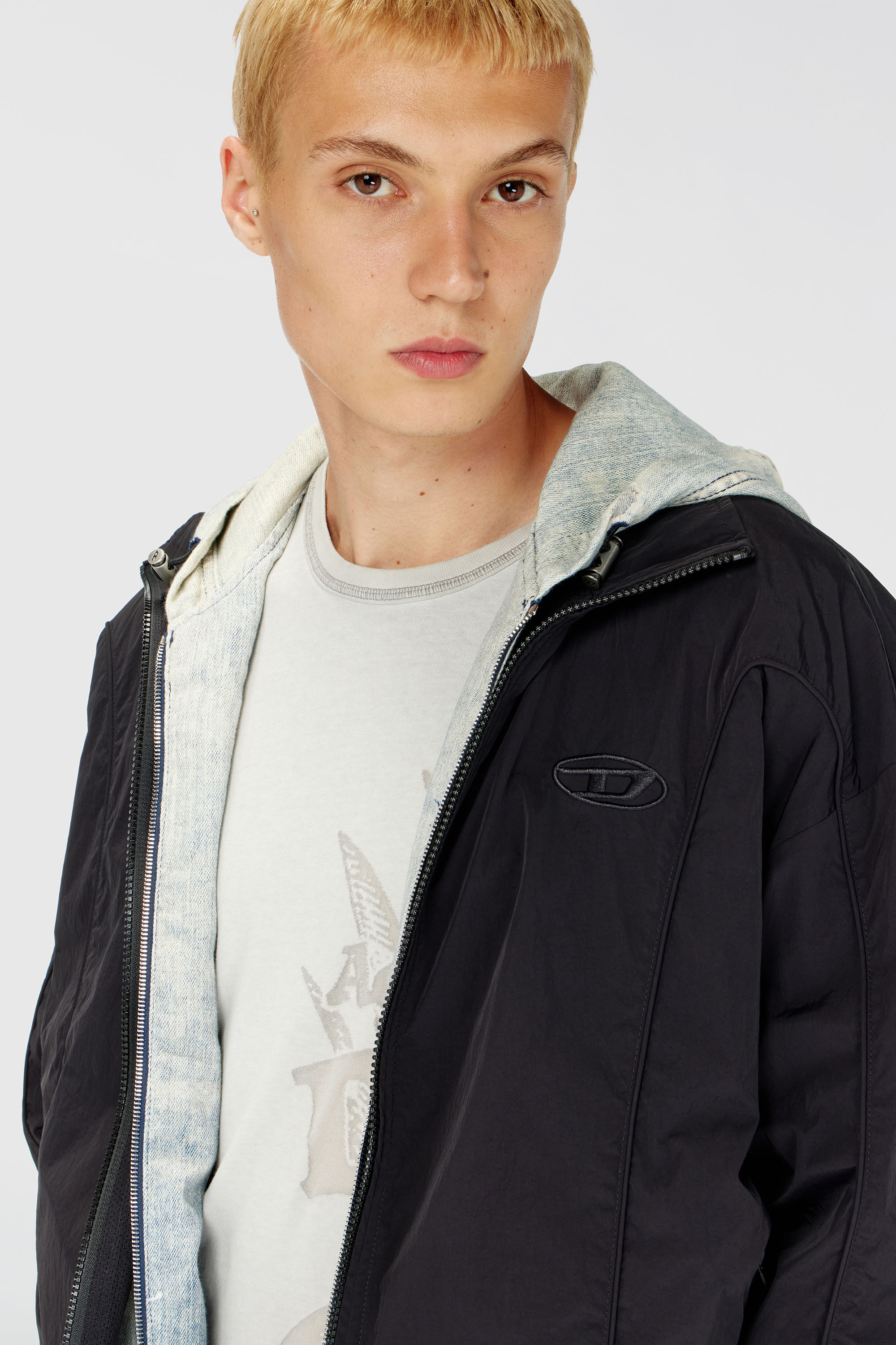 Diesel - J-FIVE-WRD-AKAD, Man's Crinkled-nylon jacket with piping in Black - 5