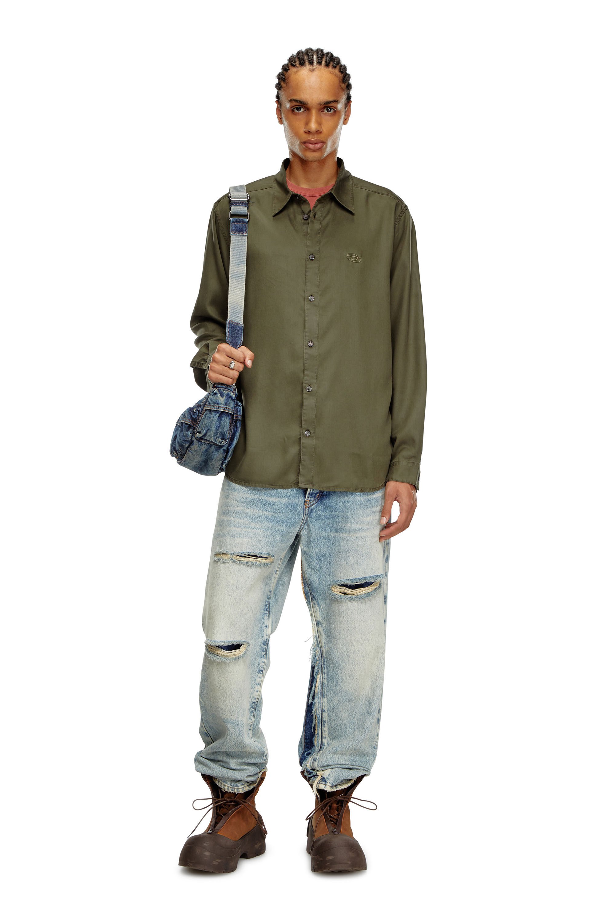 Diesel - S-SIMPLY-C, Man Fluid shirt with logo embroidery in Green - Image 1