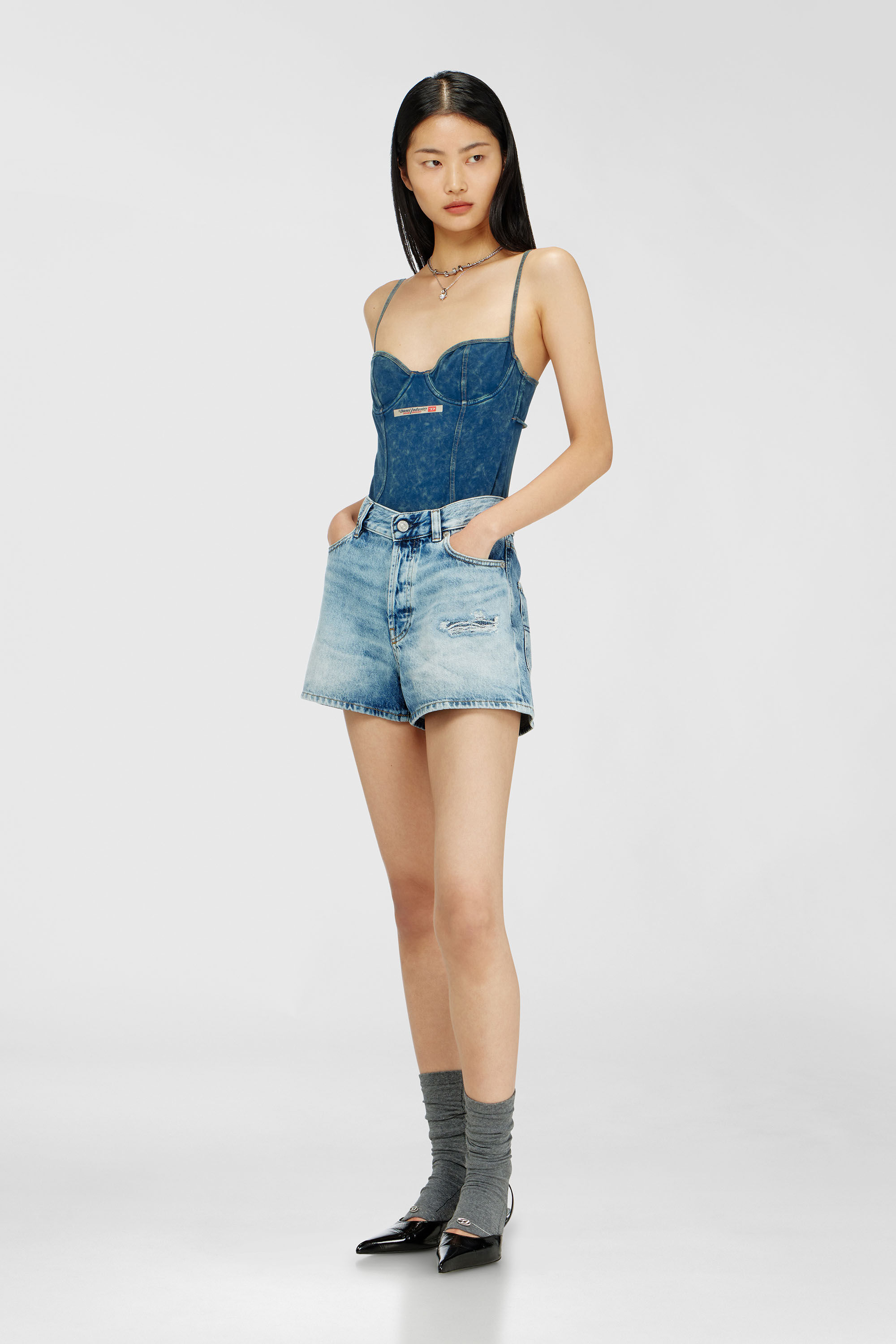 Diesel - TILDA-DNM, Woman's Denim-effect bodysuit with back cut-out in Blue - 5
