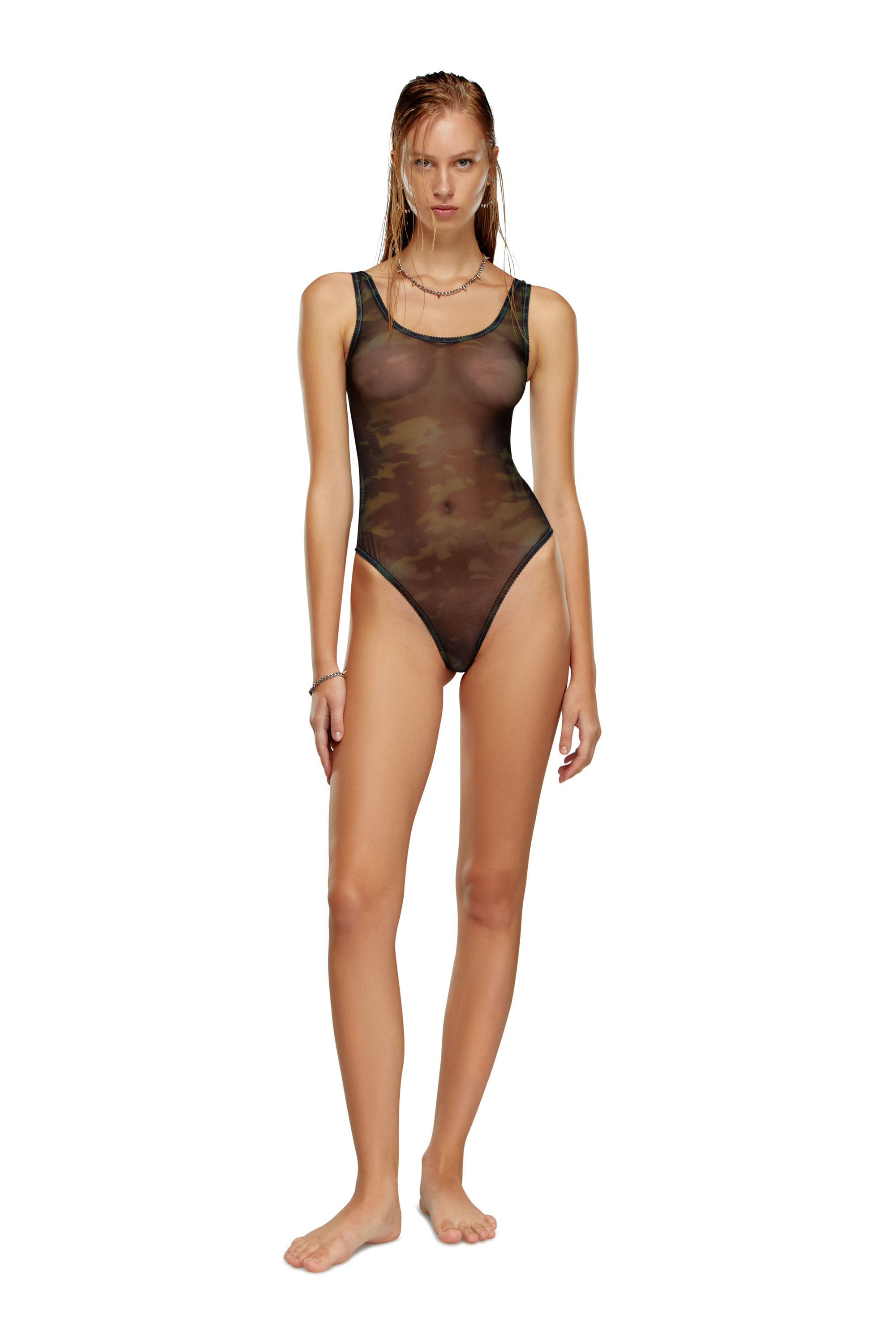Diesel - UFBY-YOMA, Woman Thong bodysuit in camo stretch mesh in Black - Image 1