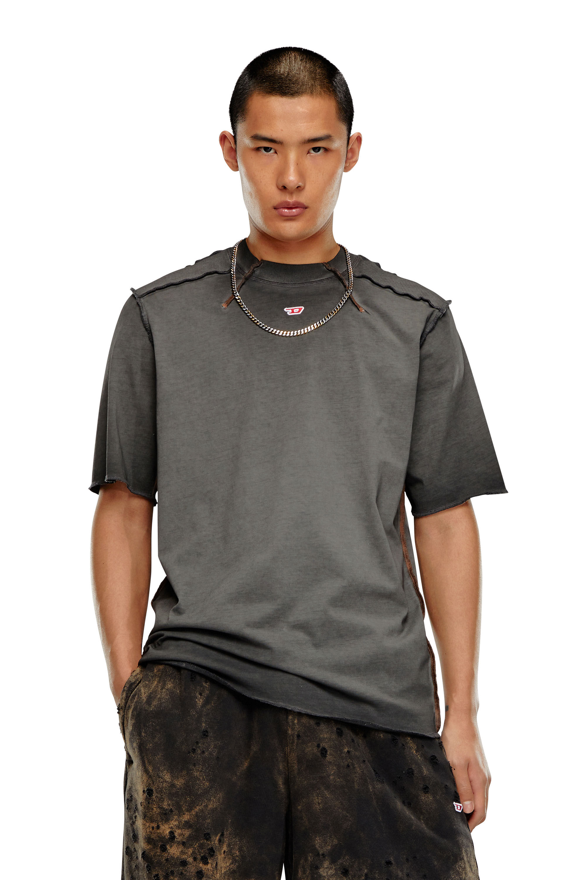Diesel - T-ERIE-N, Man T-shirt with micro-waffle shoulders in Grey - Image 3
