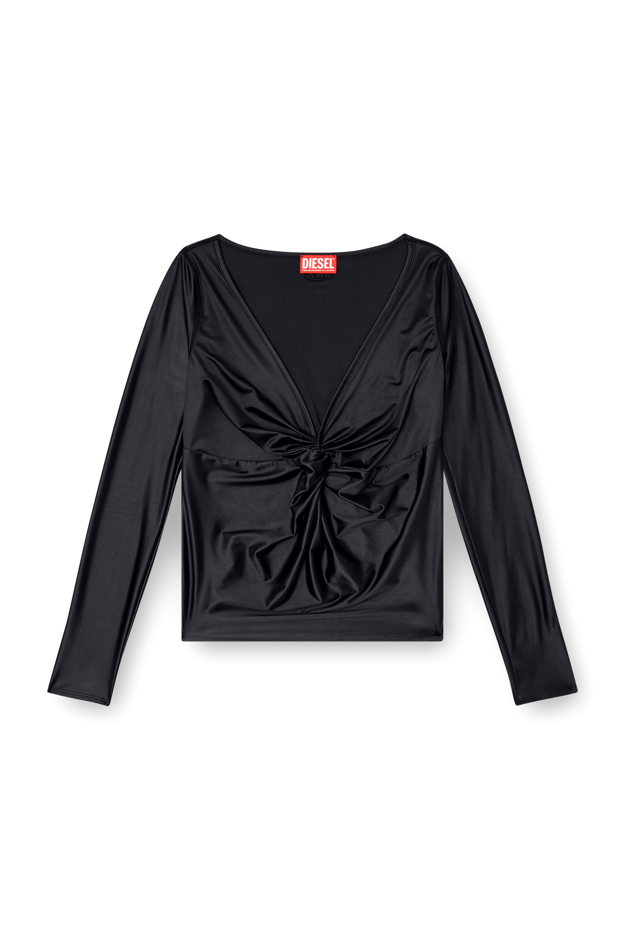 Diesel - T-KNOT, Woman's Long sleeved gathered V-neck top with chintz finish in Black - 2