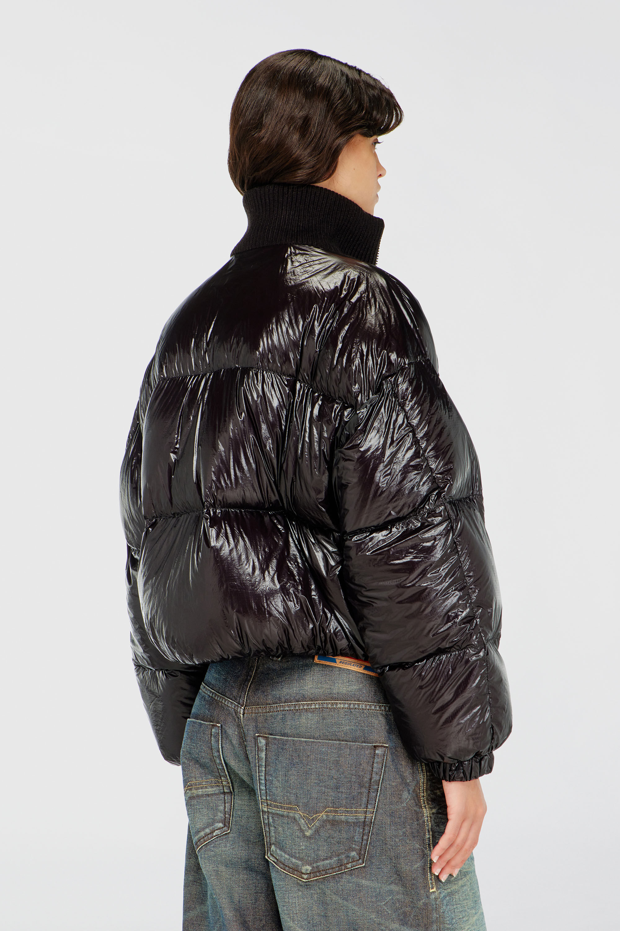 Diesel - W-ARRIOR, Woman's Down puffer jacket in ripstop with knitted collar in Black - 4