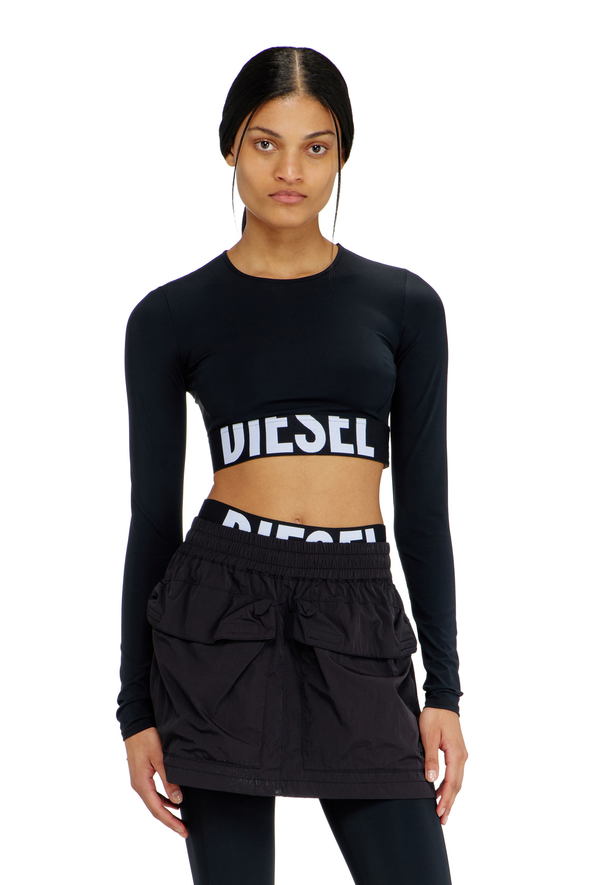 Diesel - MELISSA-D-POP, Woman's Microfibre crop top with cut-off logo in Black - 5