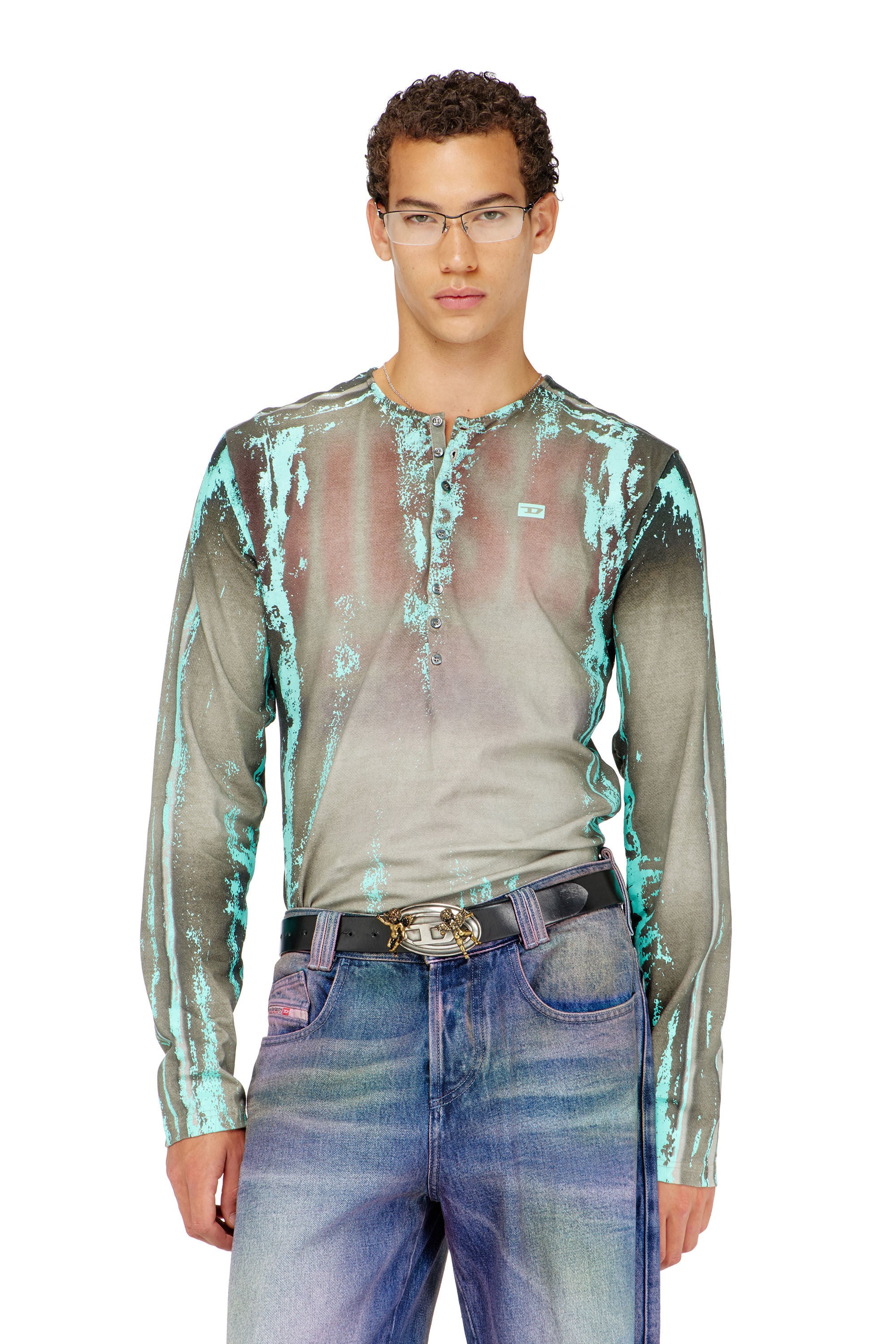 Diesel - T-FYNO-ML, Man's Grandad T-shirt in cracked leather-effect jersey in null - 2
