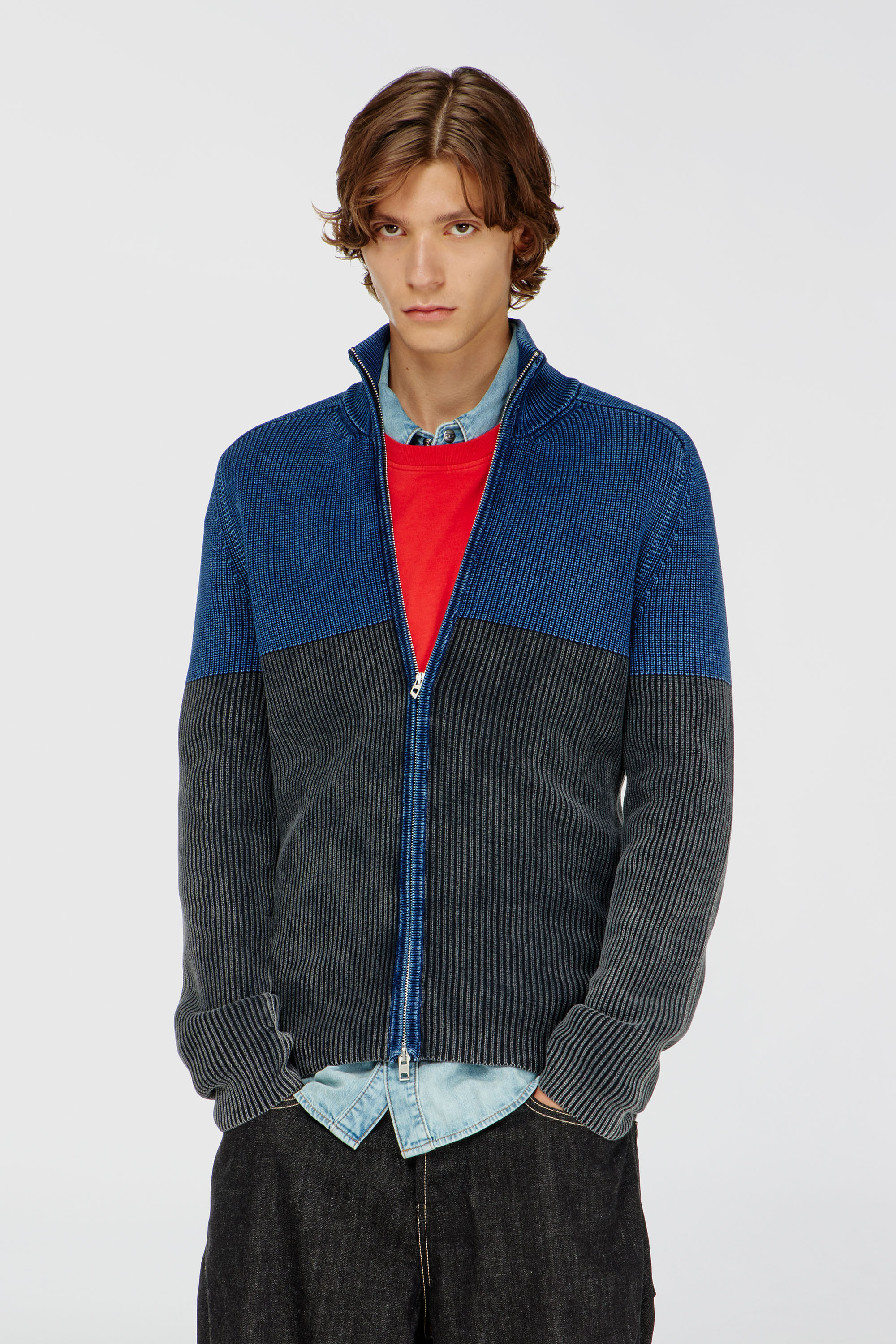 Diesel - K-HERMOS, Man's Zip-up cardigan with two-tone denim effect in Black/Blue - 1