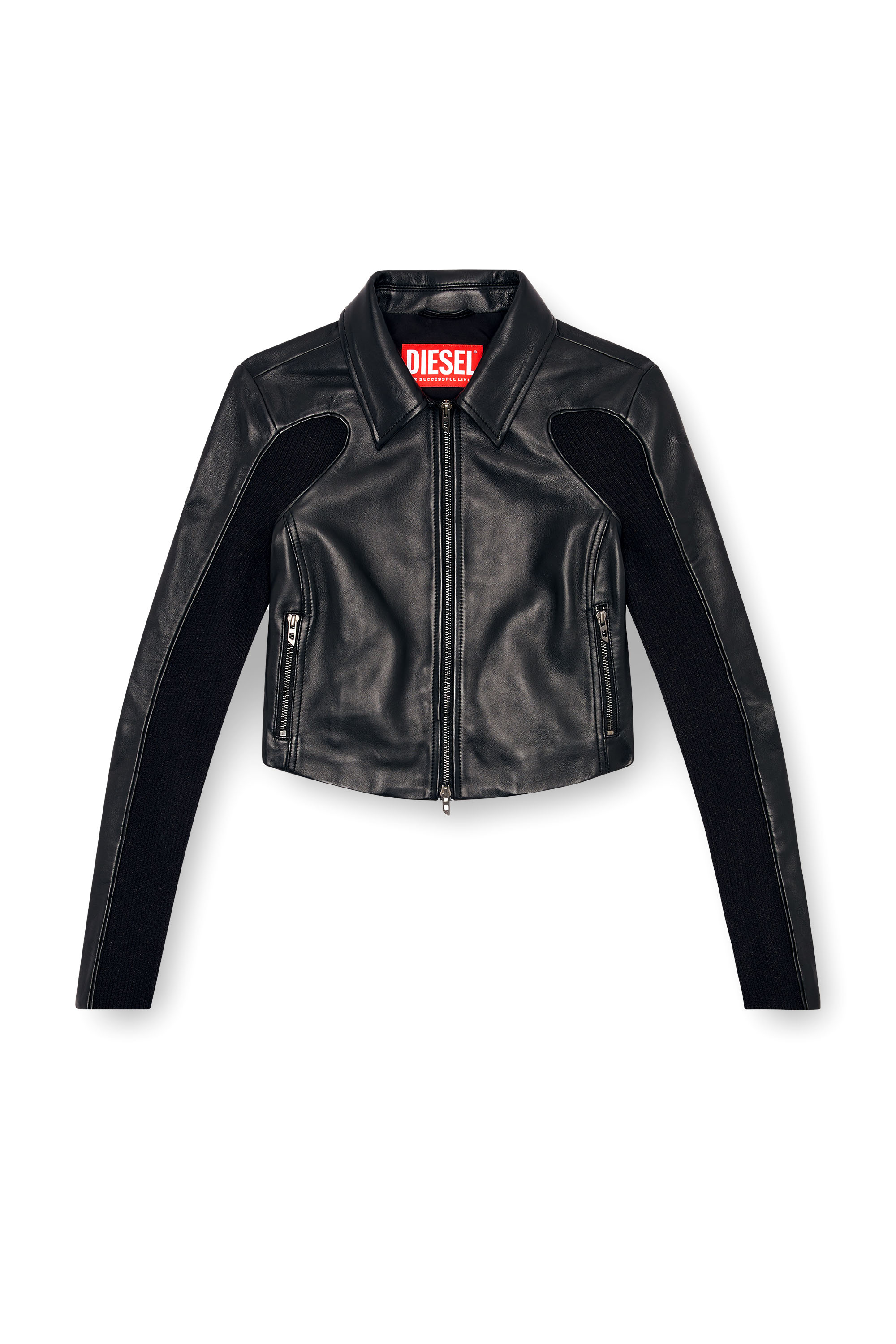 Diesel - L-TOTEM-P1, Woman's Cropped leather jacket with knit inserts in Black - 2