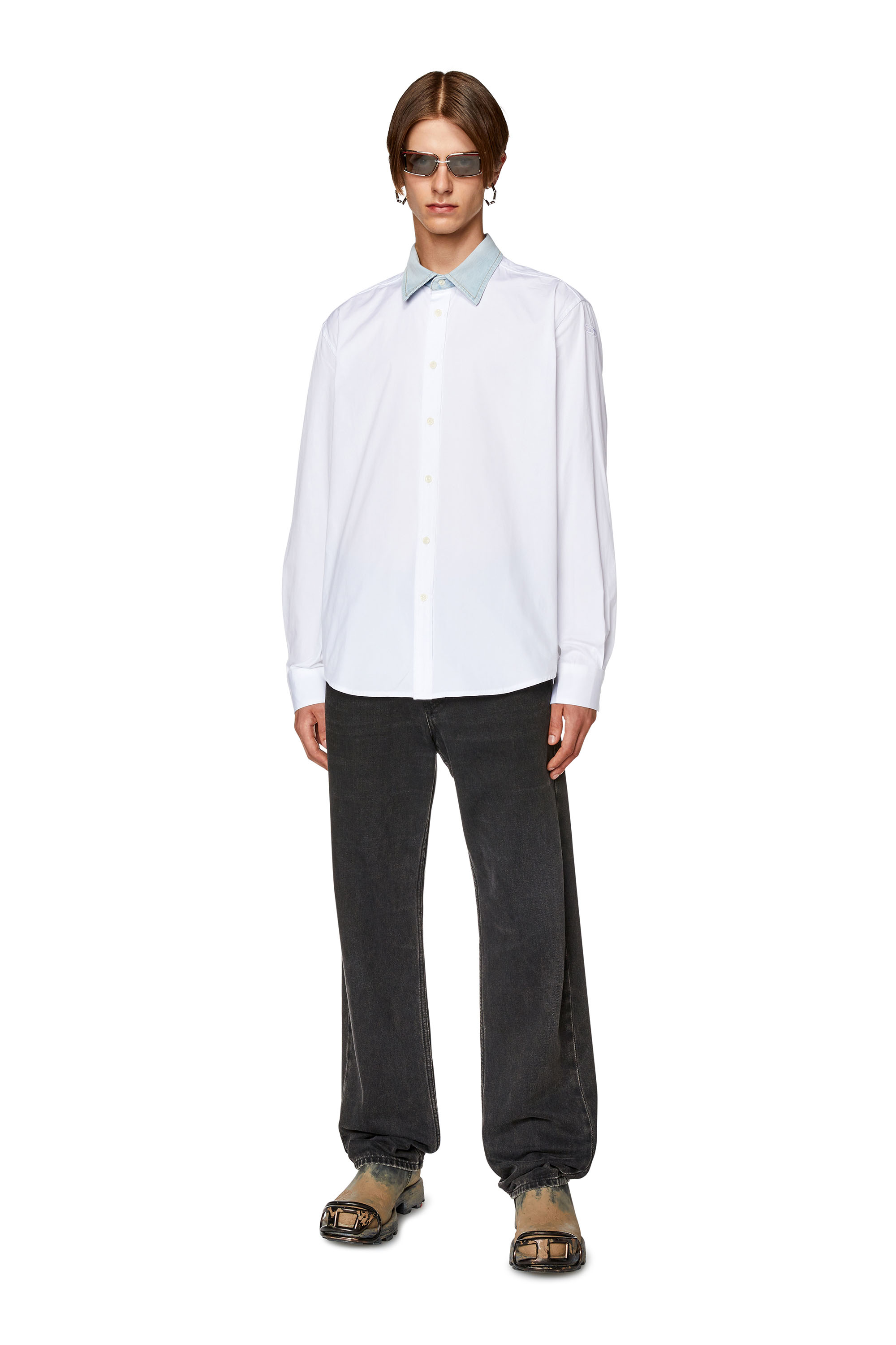Diesel - S-HOLLS, Man Cotton shirt with denim collar in White - Image 2