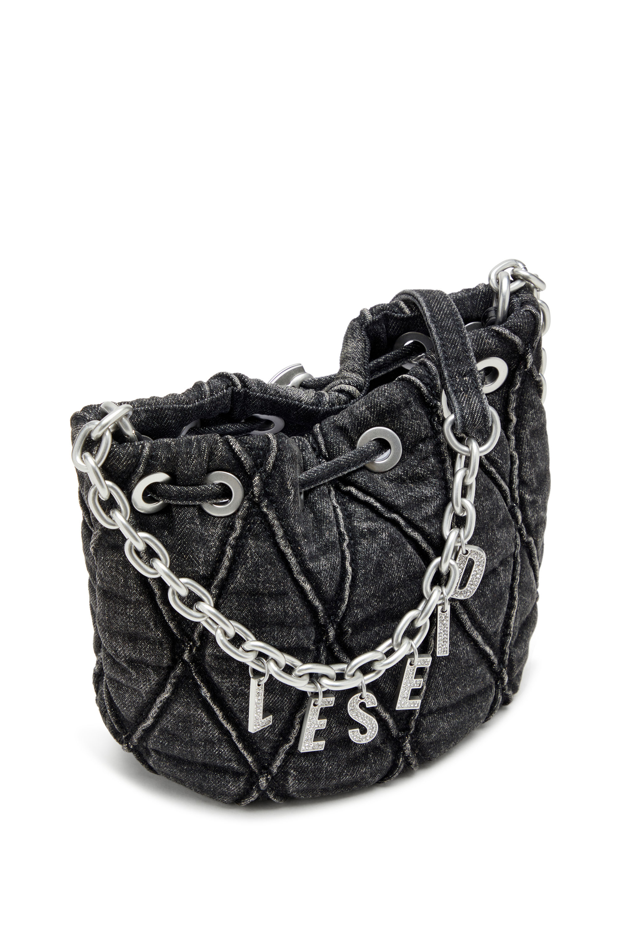 Diesel - CHARM-D BUCKET S, Woman's Charm-D S-Mini bucket bag in treated quilted denim in Black - 5
