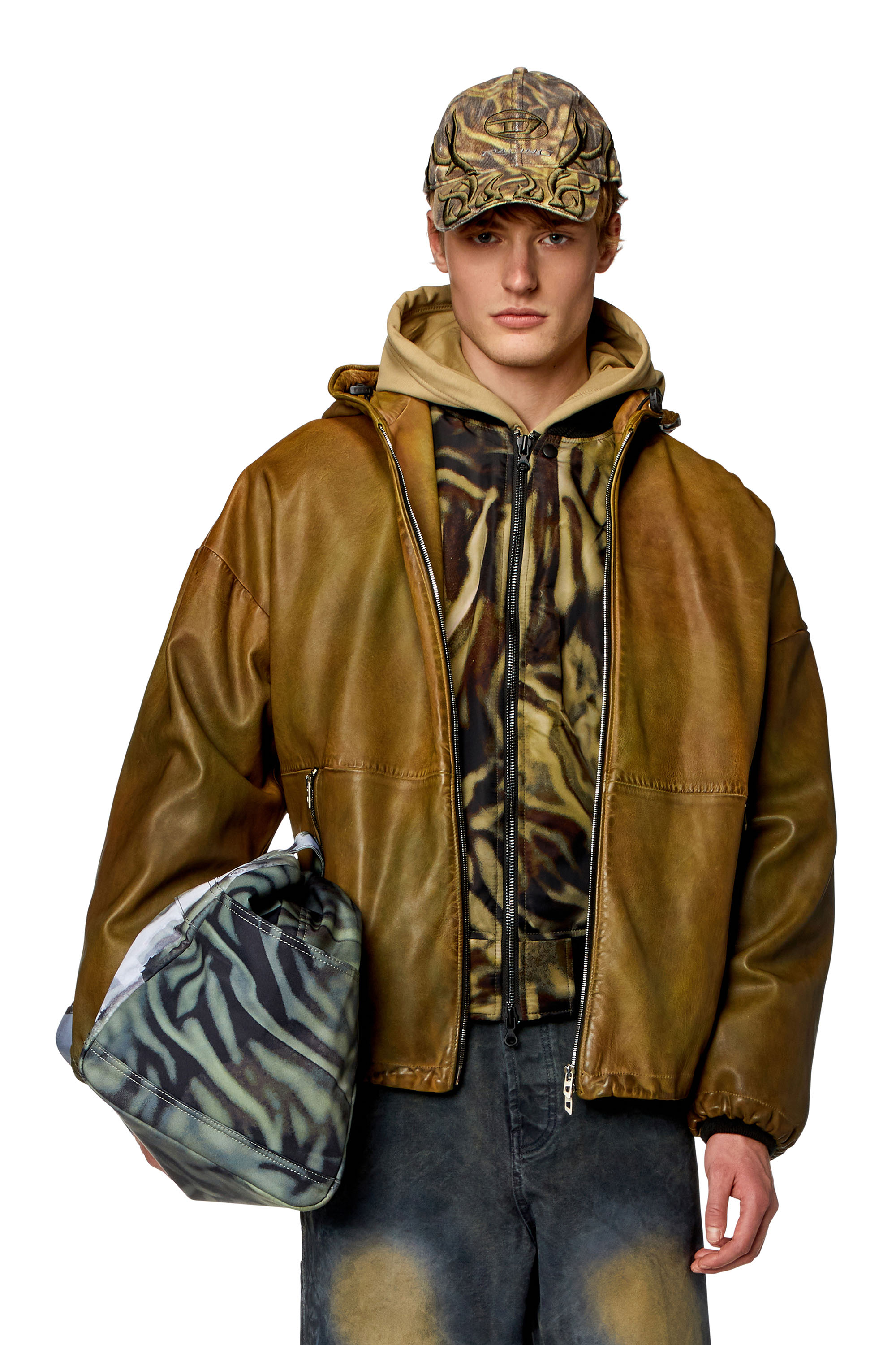 Diesel - L-VATEL-HOODY, Man Hooded leather jacket in Brown - Image 1