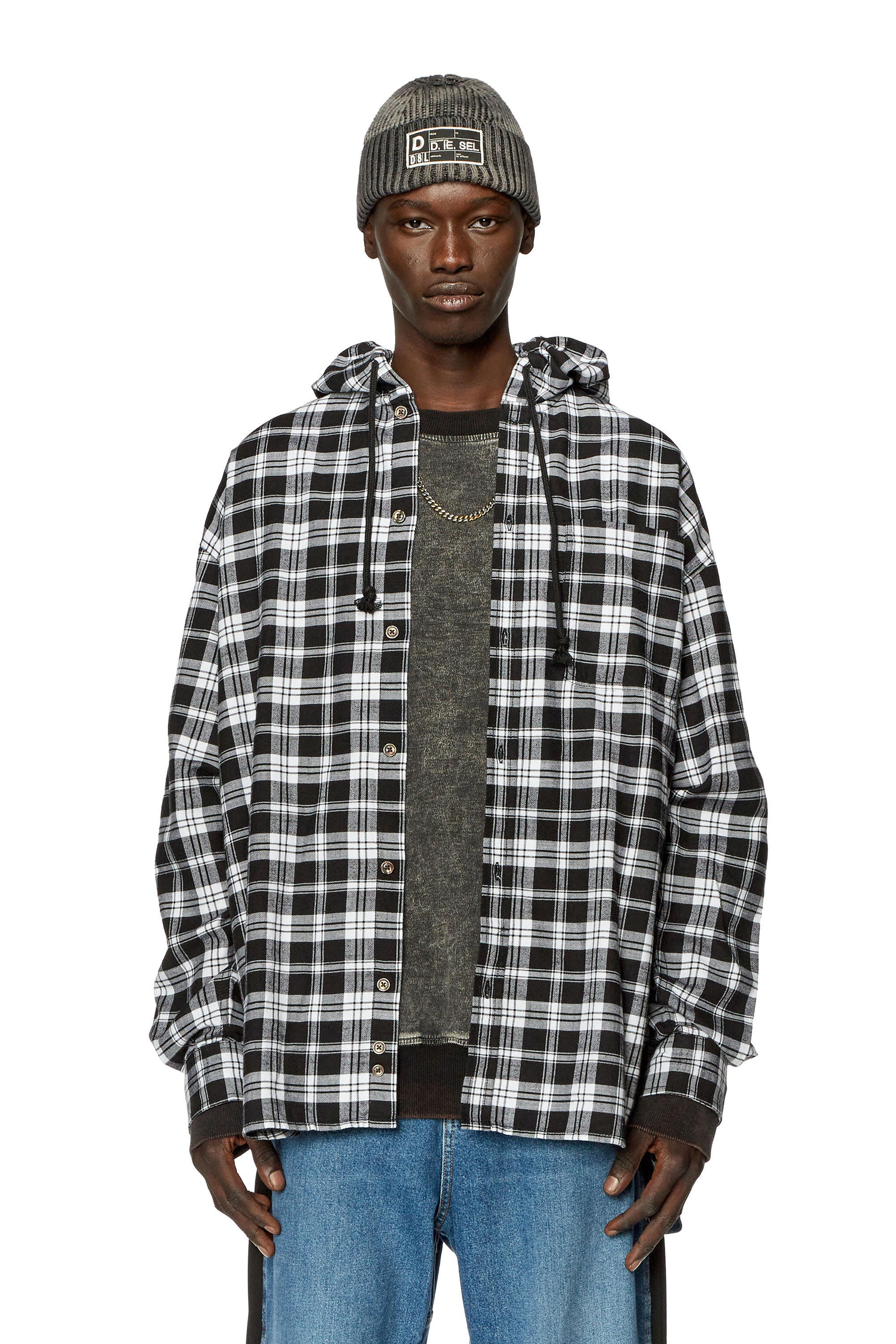 Diesel - S-DEWNY-HOOD, Man Oversized hooded shirt in tactile flannel in Multicolor - Image 1