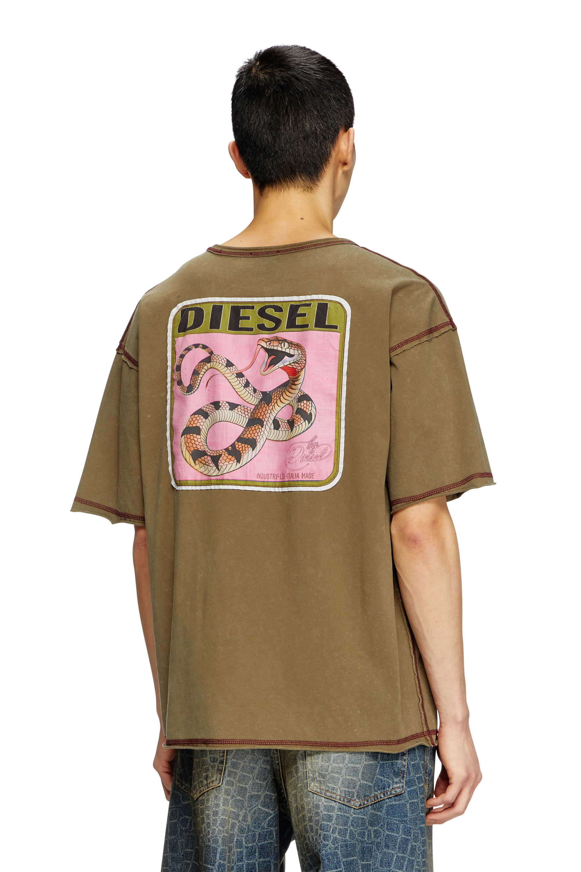 Diesel - CL-T-BOXT-SNAKE, Unisex's Treated T-shirt with snake patches in Olive Green - 3