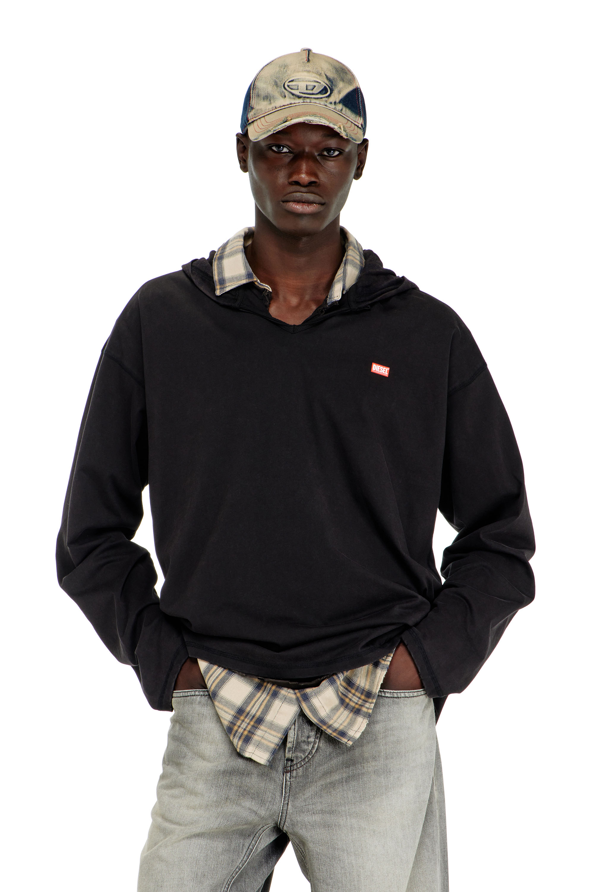 Diesel - T-BOXT-LS-HOOD-CHECK, Man's Long-sleeve T-shirt with flannel hood in Black - 1