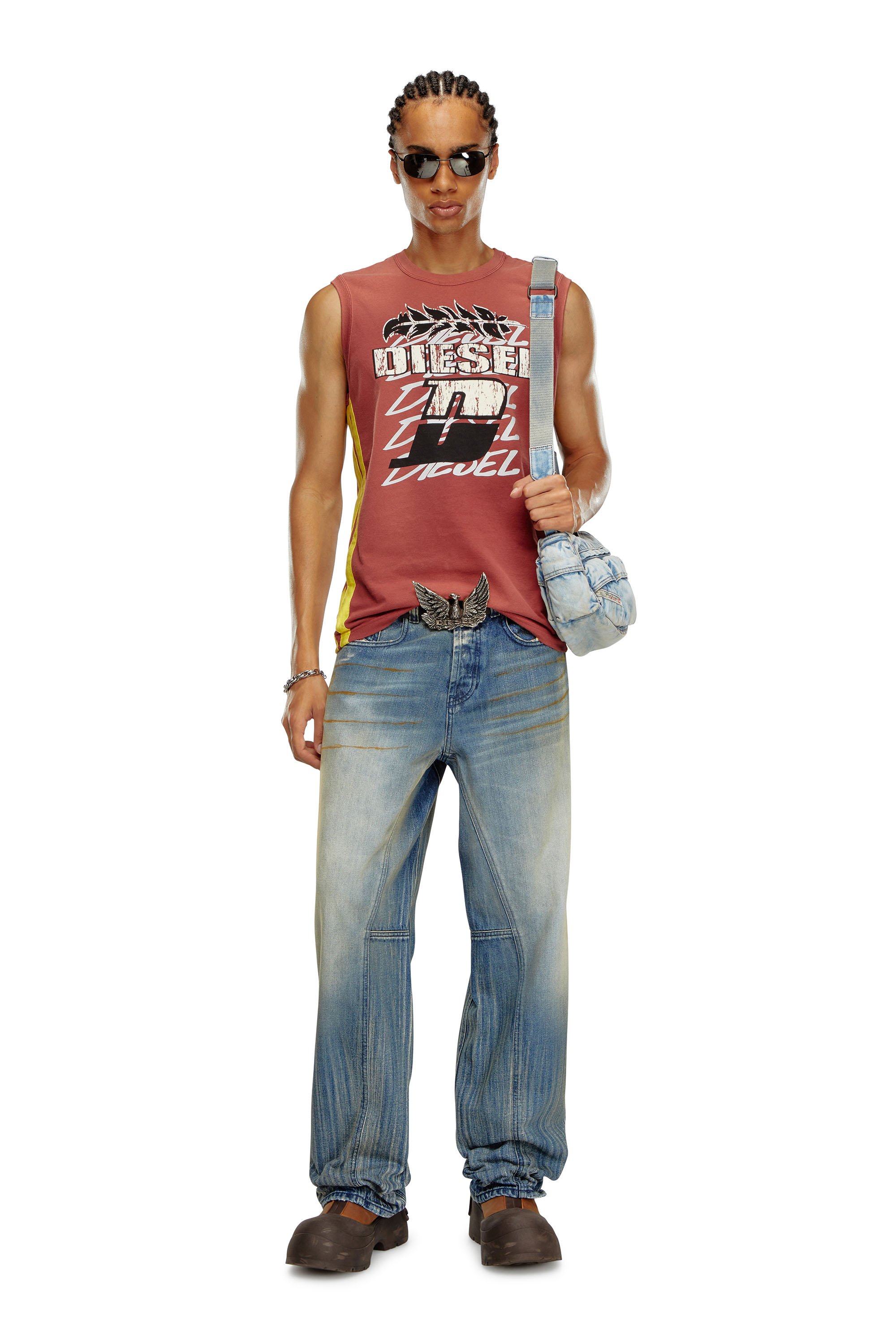 Diesel - T-BISCO-STRIPE, Man's Sun-faded tank top with side bands in Red - 2