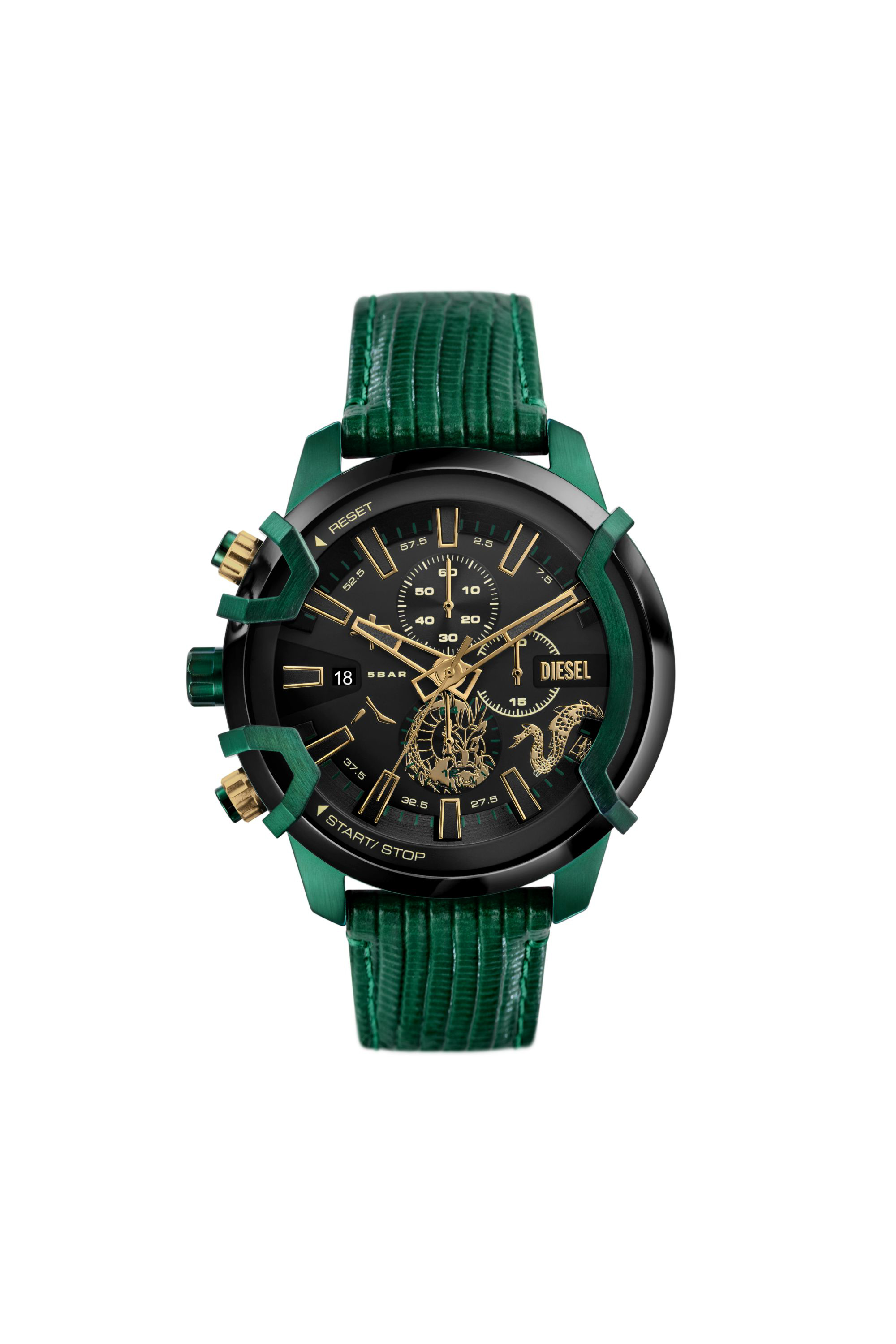 Diesel - DZ4651, Man Griffed chronograph green leather watch in Green - Image 1