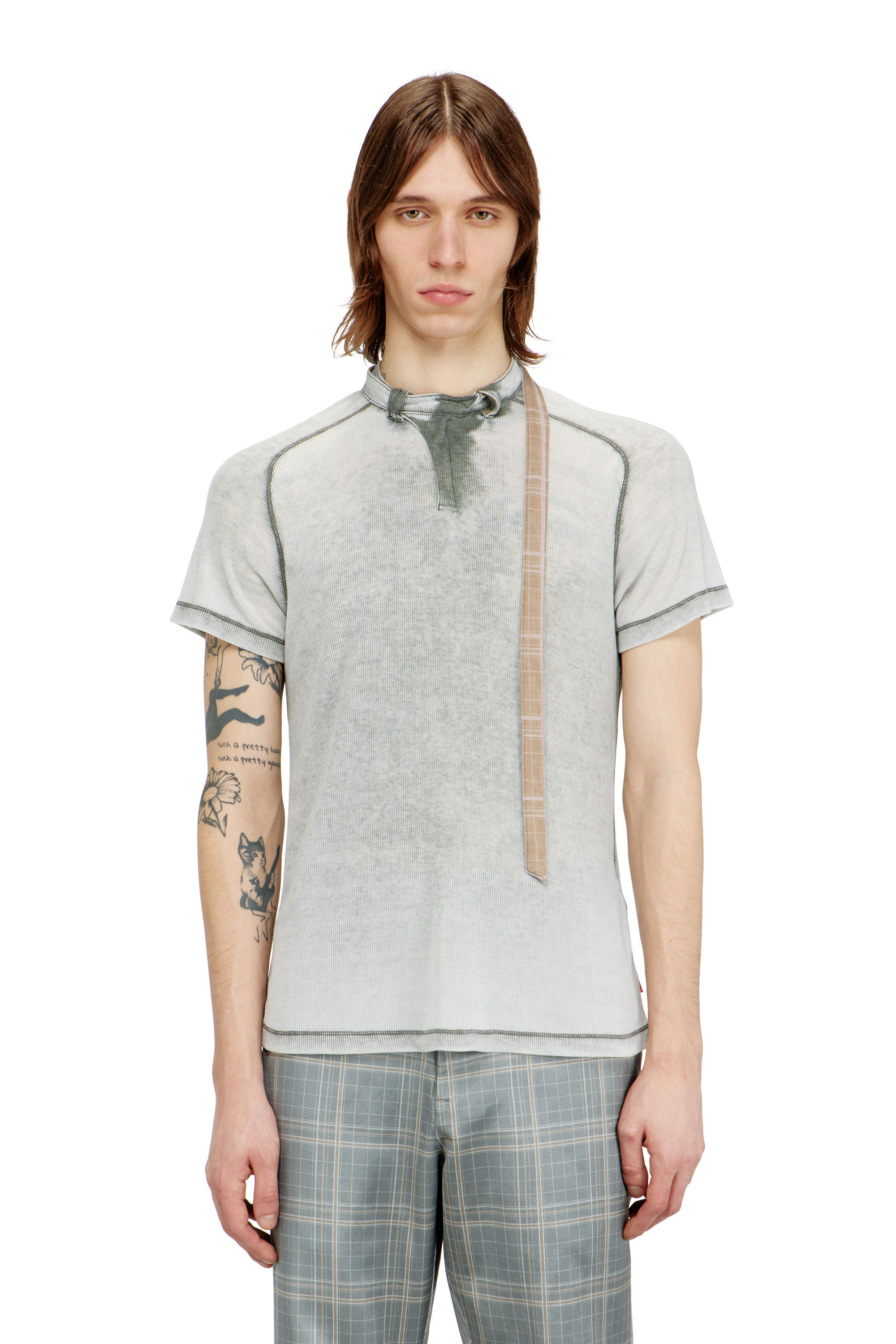 Diesel - T-GARY, Man's Rib-jersey top with biker neck strap in Grey - 3