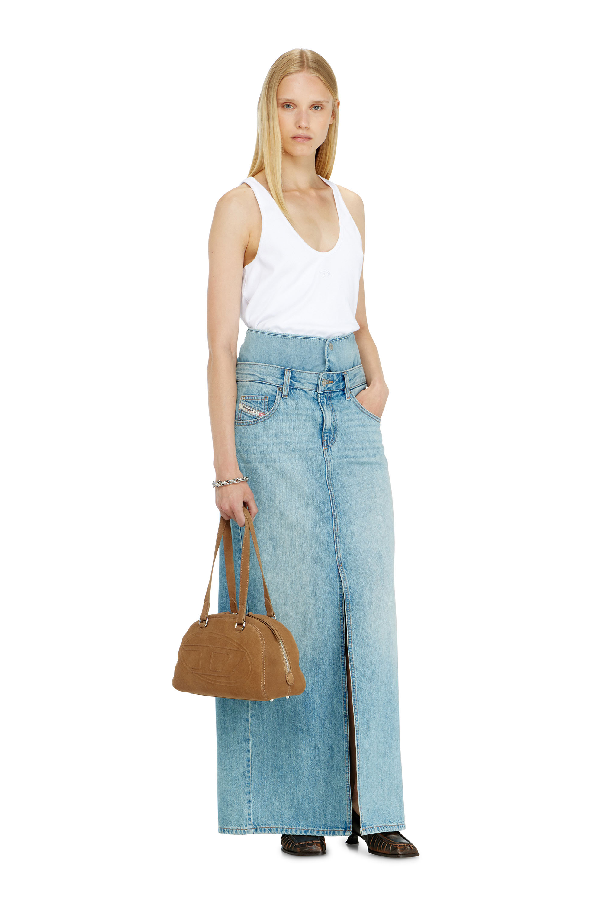 Diesel - DE-SPIVEY, Woman's Jean-illusion denim maxi skirt with slits in null - 1