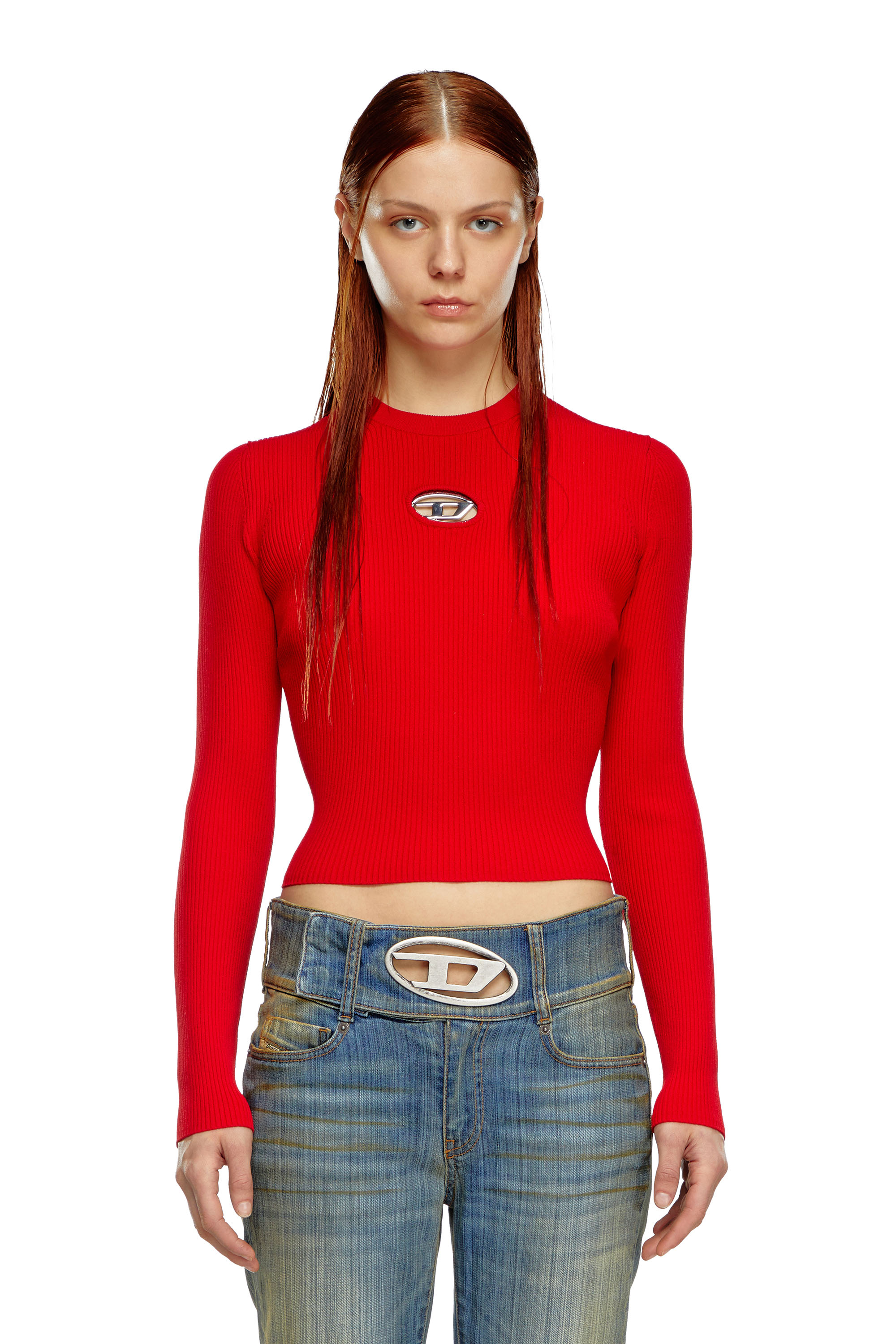 Diesel - M-VALARI, Woman's Rib-knit viscose-blend top with Oval D in Red - 1