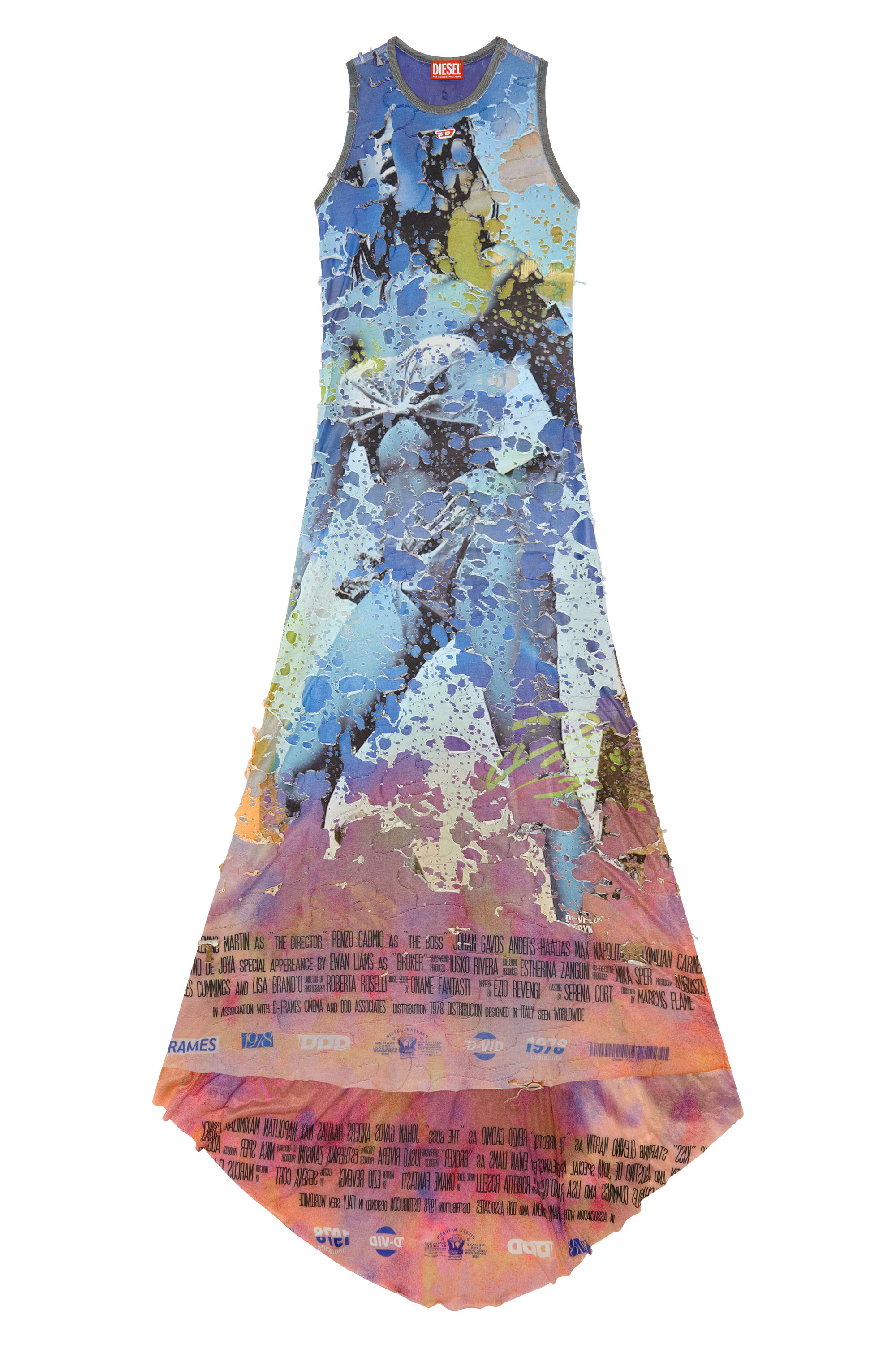 Diesel - D-LEELE, Woman Destroyed jersey gown with poster print in Multicolor - Image 2