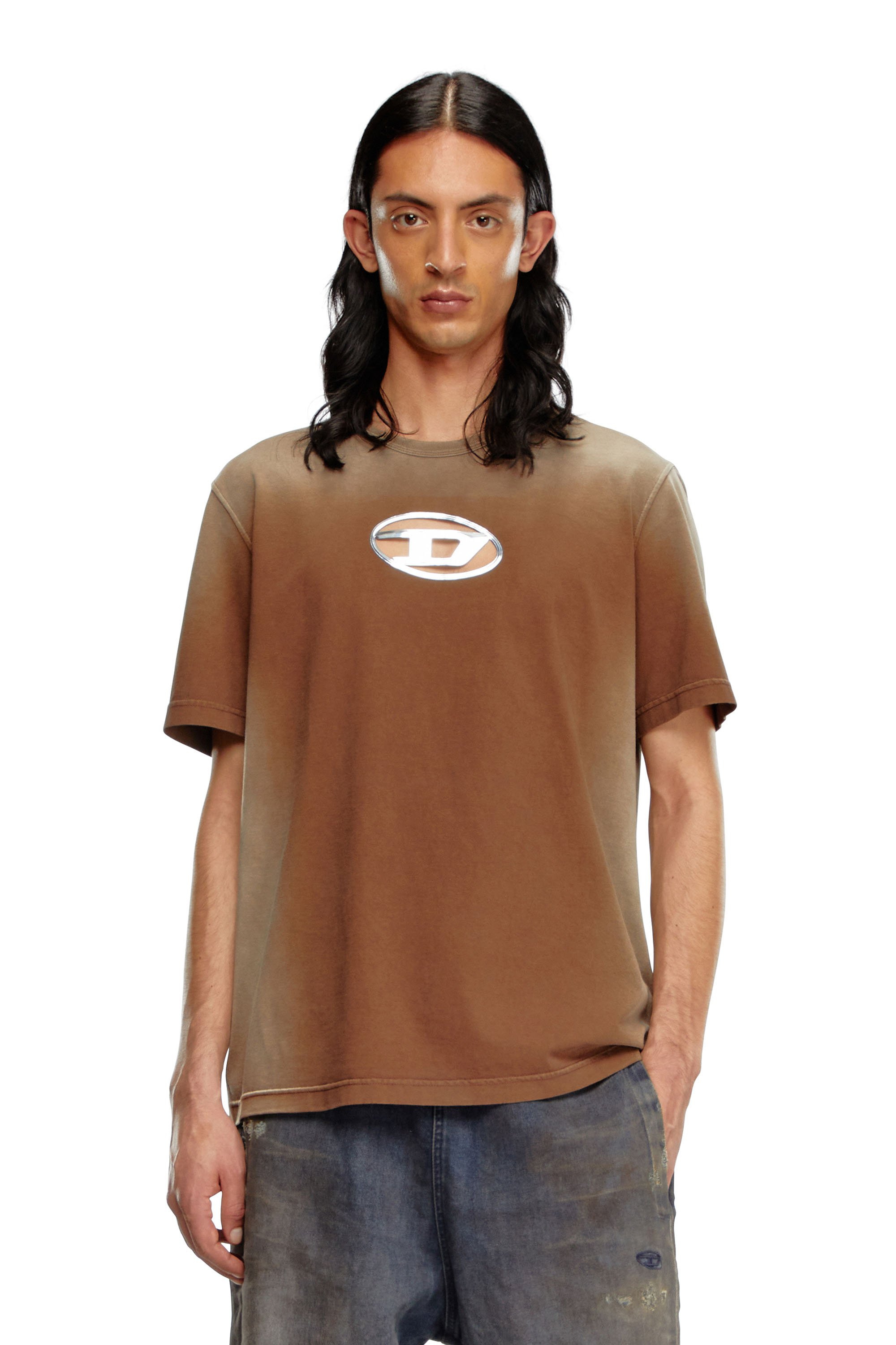 Diesel - T-ADJUST-Q8, Man Faded T-shirt with cut-out Oval D logo in Brown - Image 1