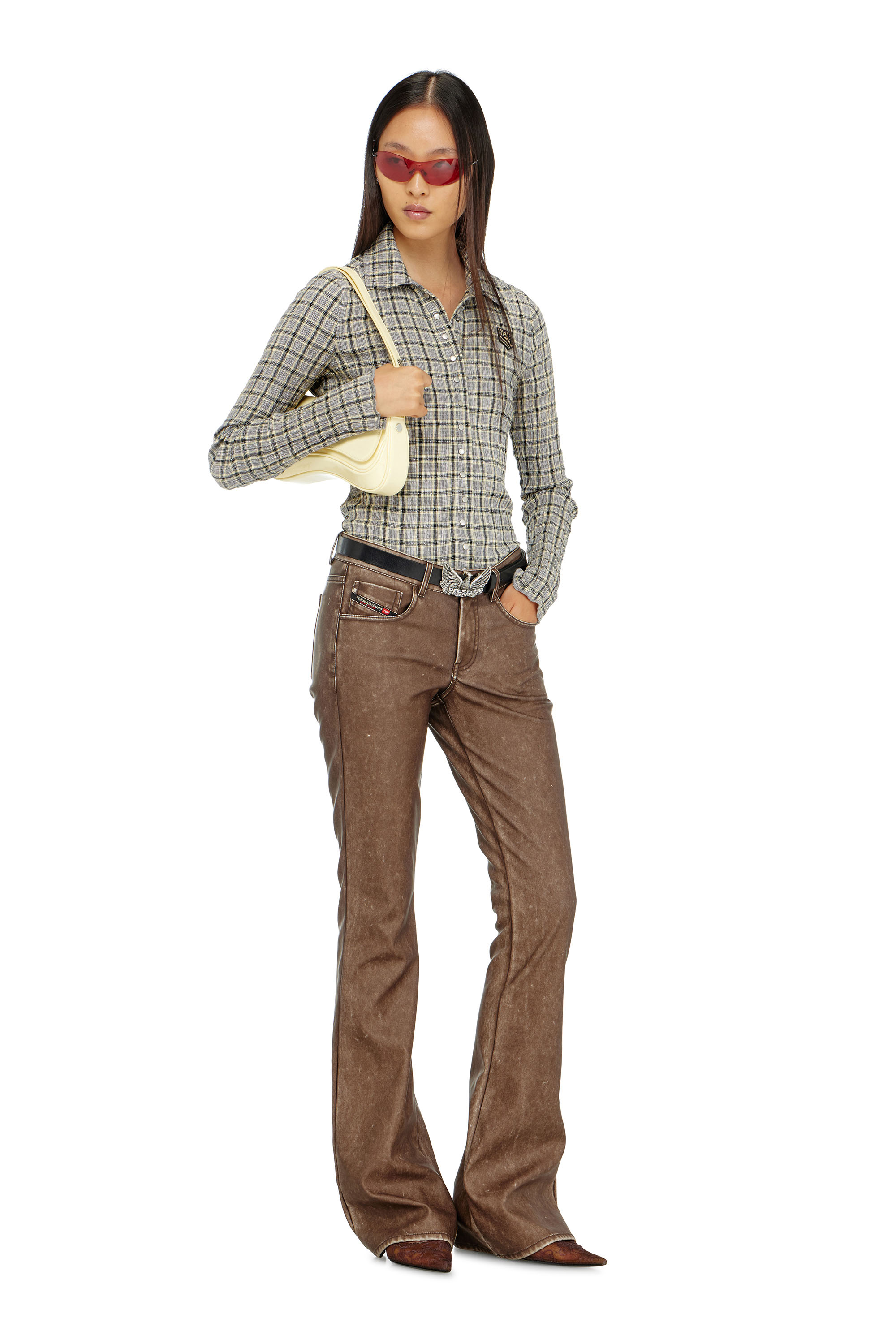 Diesel - P-STELLAR-S1, Woman's Bootcut pants in treated coated fabric in Brown - 1