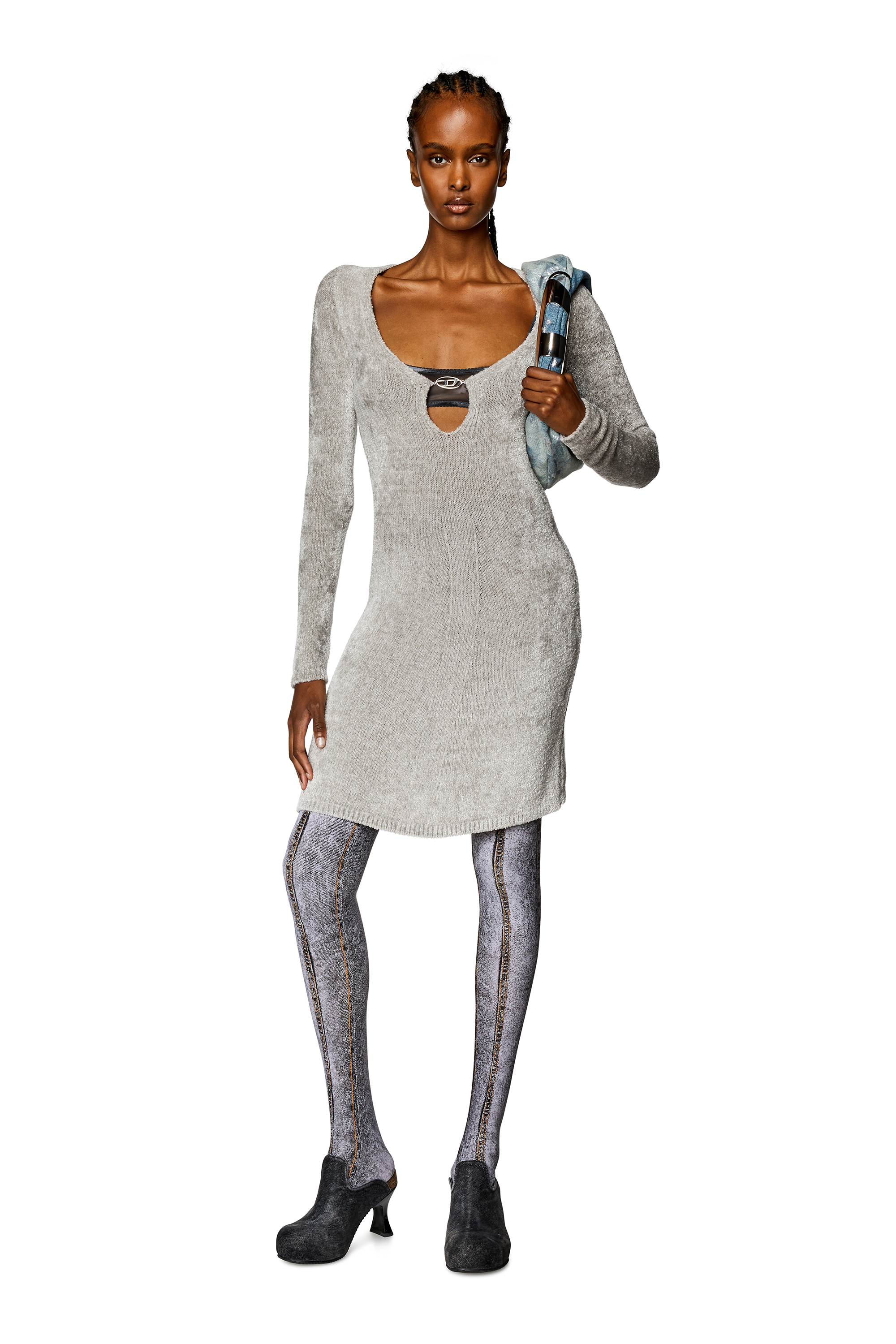 Diesel - M-COLEEN, Woman Short chenille dress with deep neckline in Grey - Image 1
