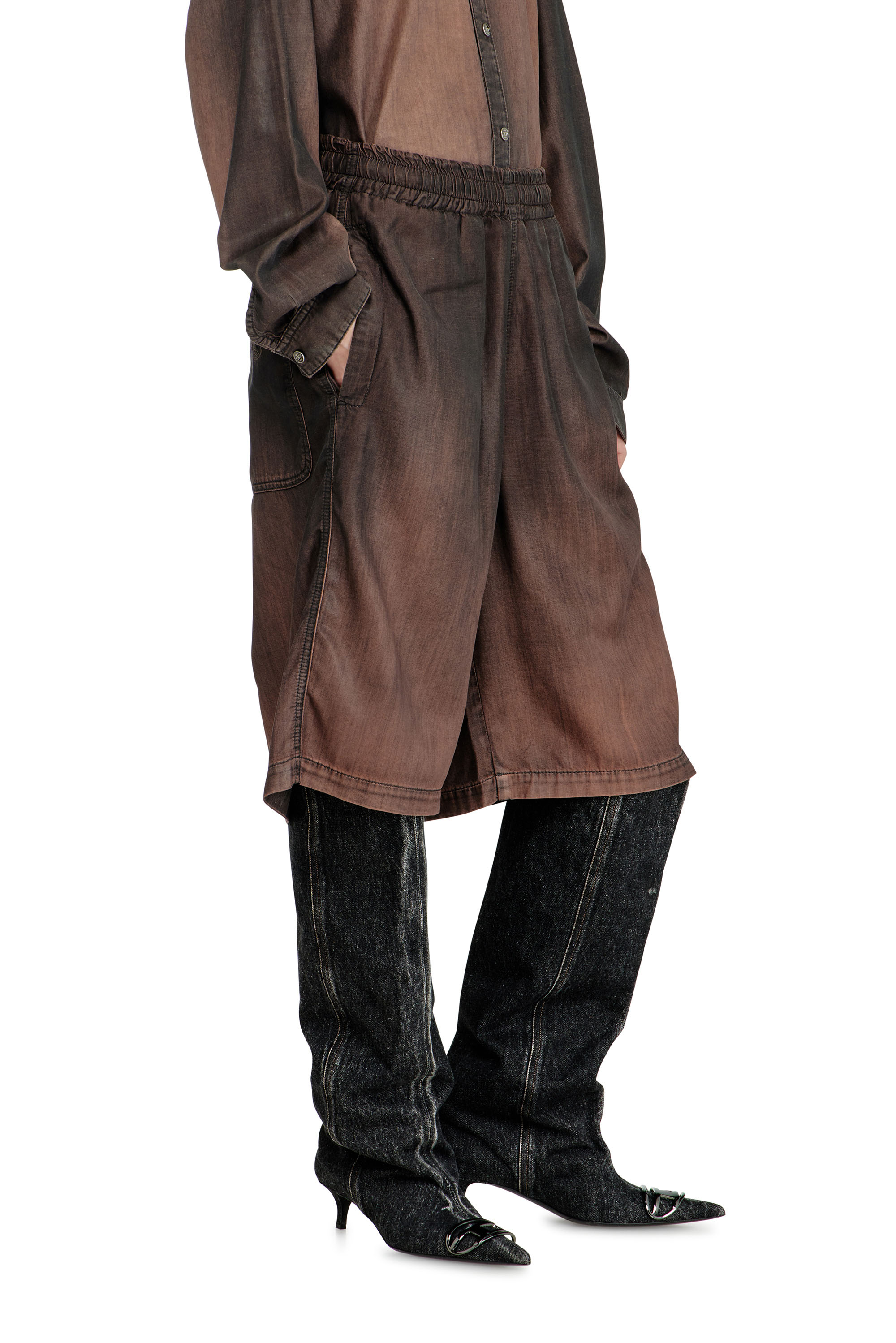 Diesel - D-RODER-SHORT-S, Unisex's Relaxed bermuda shorts in fluid coated denim in Dark Brown - 1