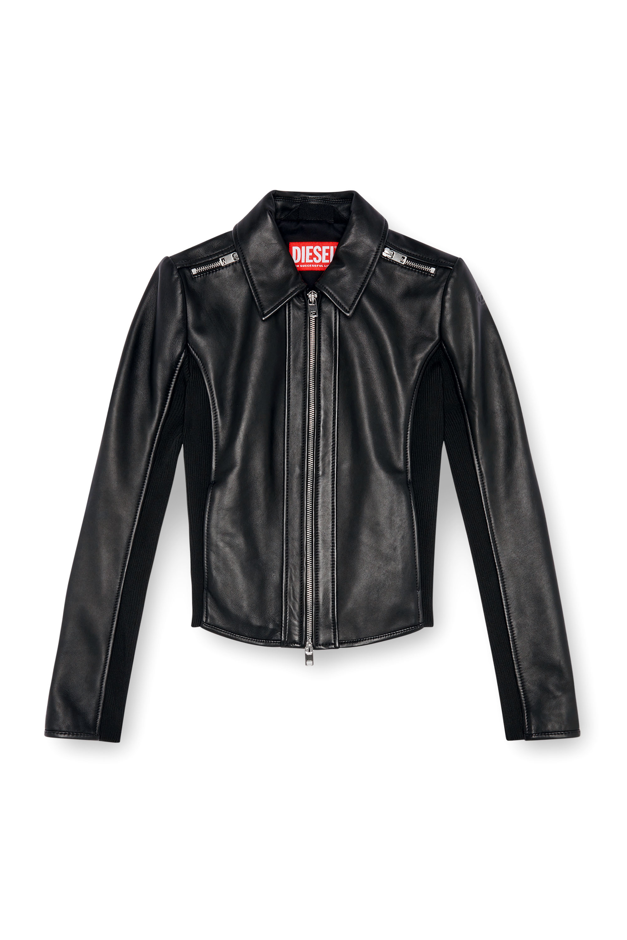 Diesel - L-SASK, Woman's Leather biker jacket with rib panels in Black - 4