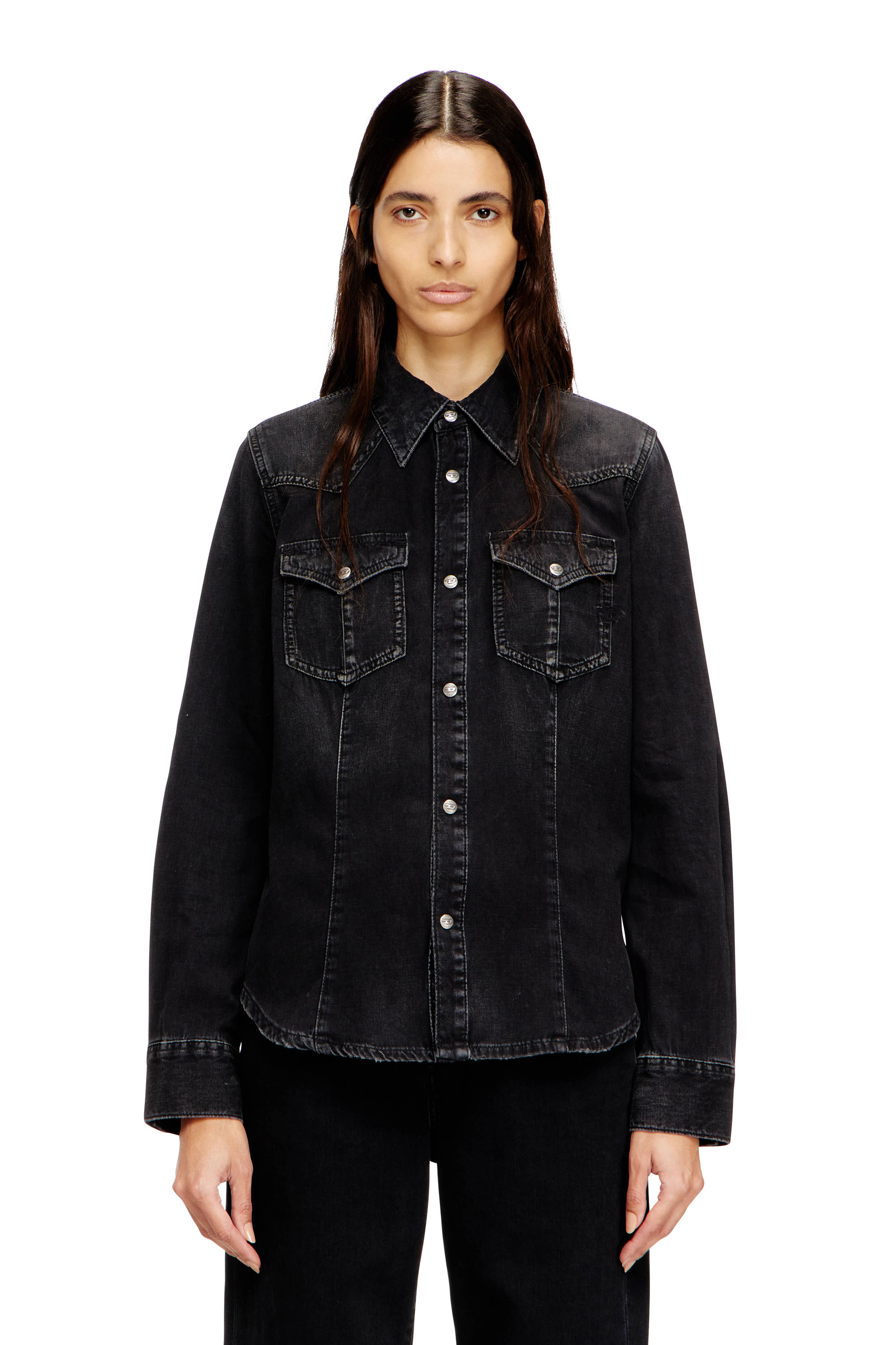 Diesel - DE-WAVES, Woman's Western shirt in treated denim in Black - 1