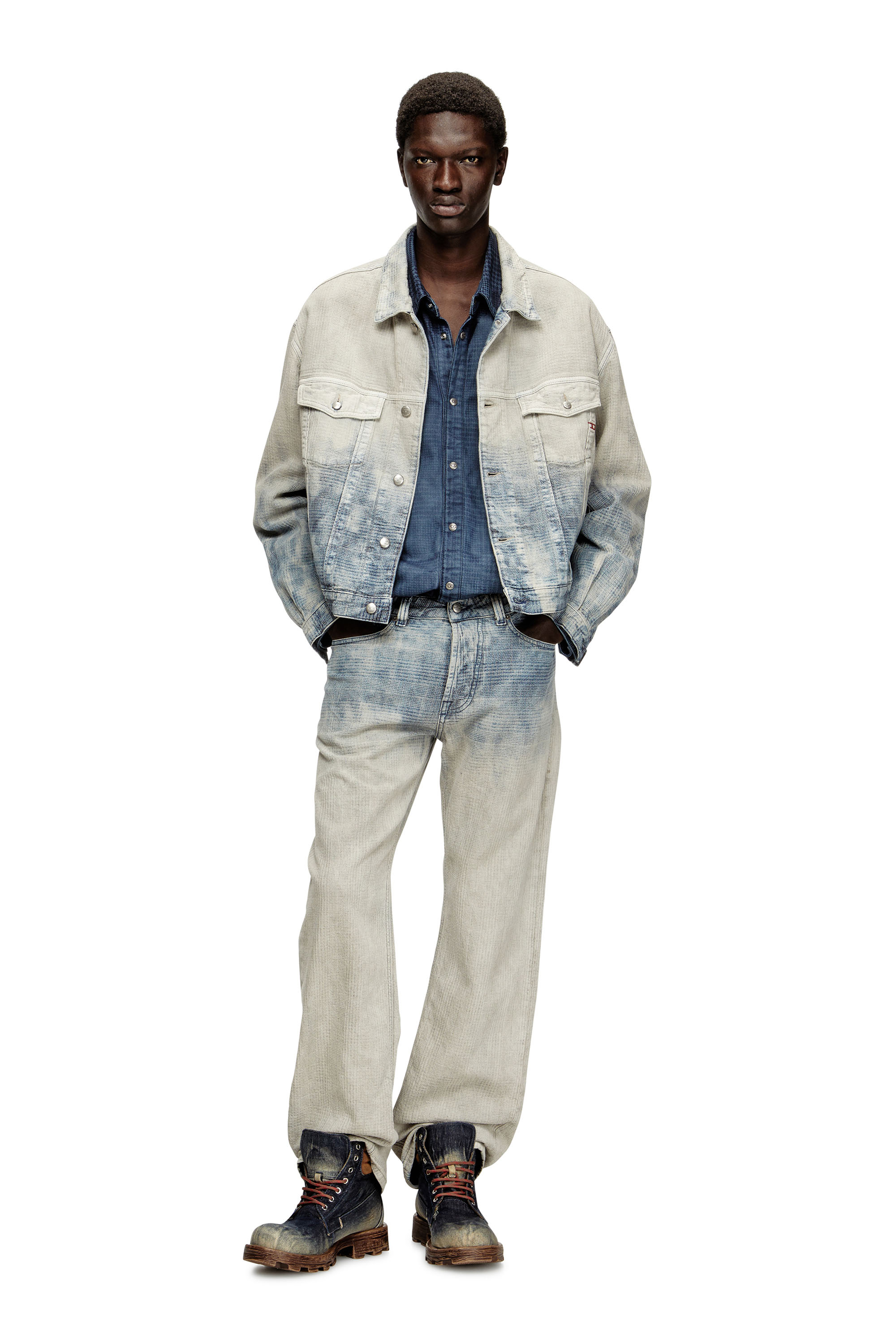 Diesel - D-RANGER, Unisex's Trucker jacket in Prince of Wales jacquard denim in Grey/Blue - 1